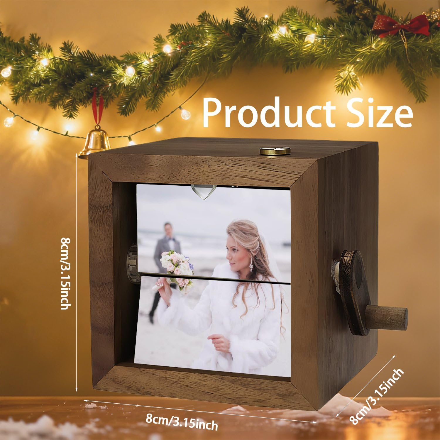 Caja de fotos mecánica giratoria personalizada, caja de fotos con manivela grabada personalizada, caja de fotos personalizada para boda, caja de historia de amor