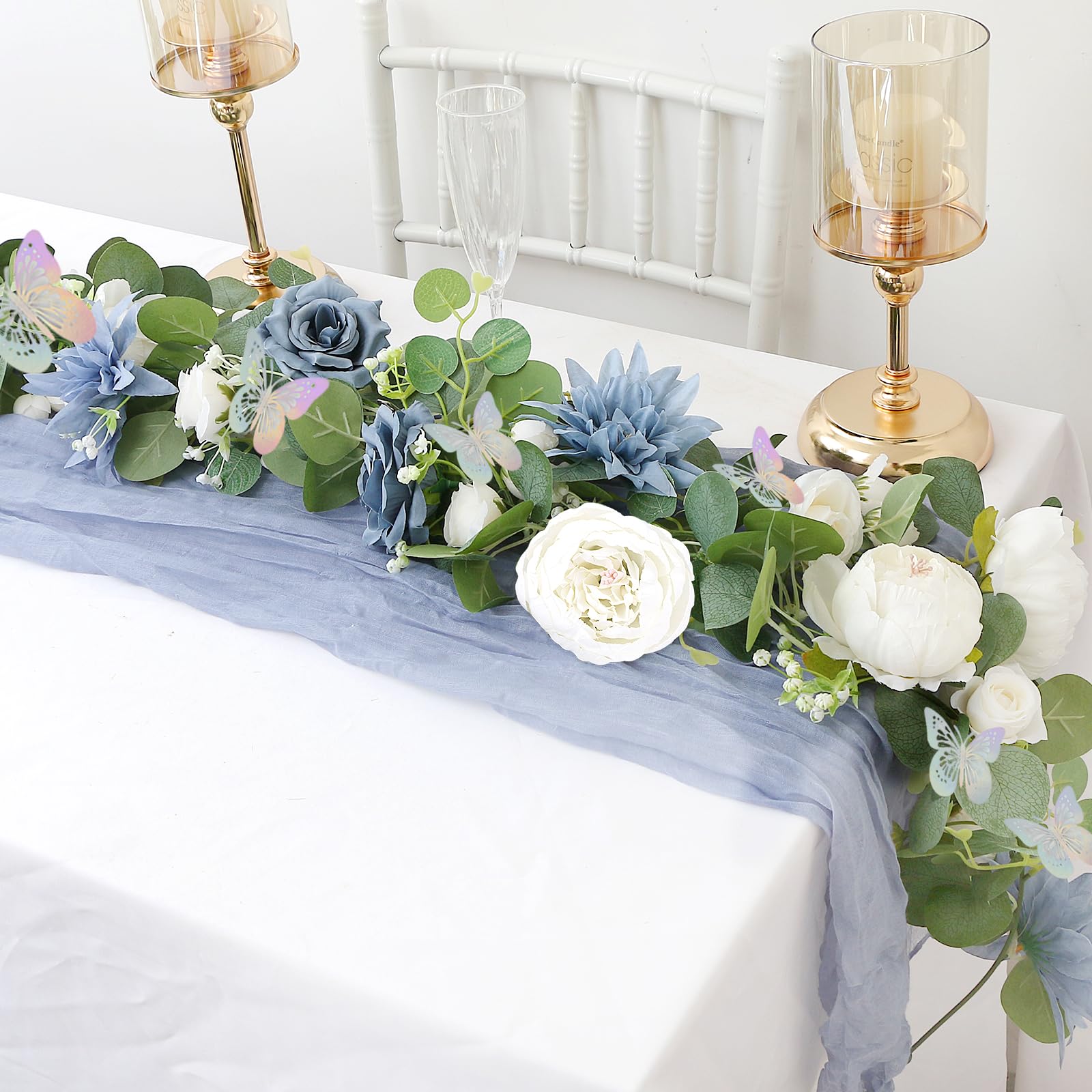 Eukalyptus-Girlande mit Blumen – 2 Stück, 150 cm, künstliche Blumengirlande mit Schmetterlingen, künstliche Rosen, grüne Girlanden für Hintergrund, Hochzeitsbogen, Tafelaufsätze,