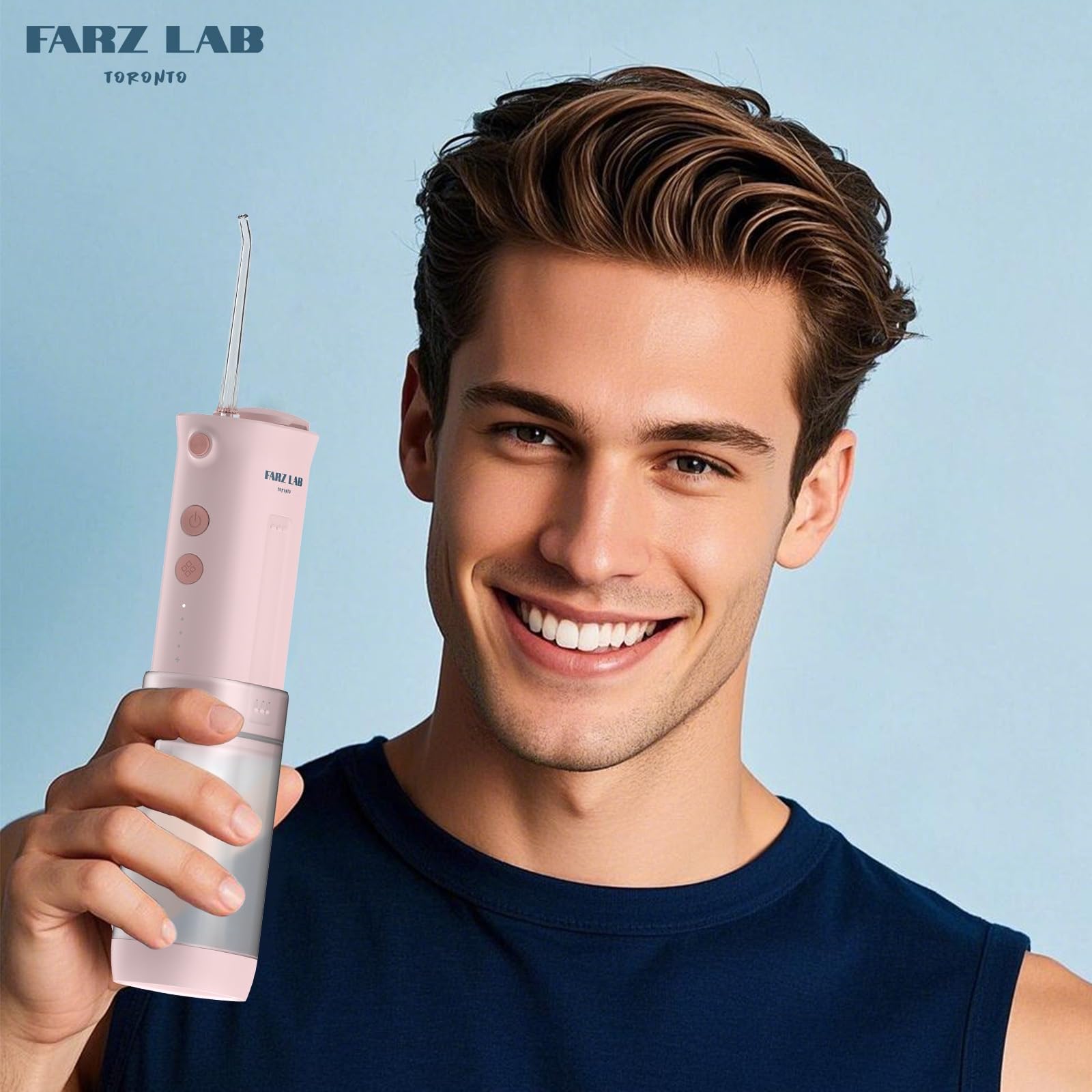 Farz Lab Portable Water Flosser - IPX7 Waterproof, Cordless, 90-Day Battery, Pink, Plaque Removal, Gum Health, Telescopic Design, Ideal for Braces & Travel, Water Flosser for Teeth