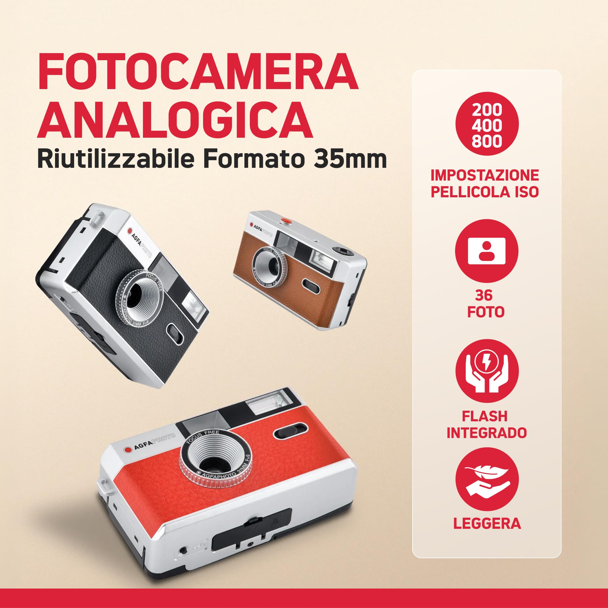 AgfaPhoto 603000 - fotocamera a pellicola riutilizzabile analogica da 35 mm. Colore nero