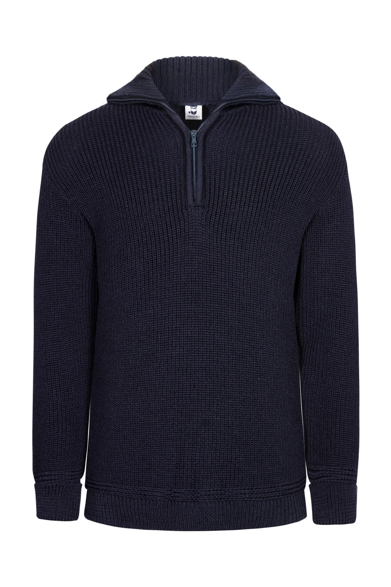 HANSEHELD Herren Troyer Wolle Wolle - Blau 52 | Pullover | Troyer-Kragen mit Reißverschluss | 100% Schurwolle | Made in Germany | Strickpullover | Dunkelblau Marine