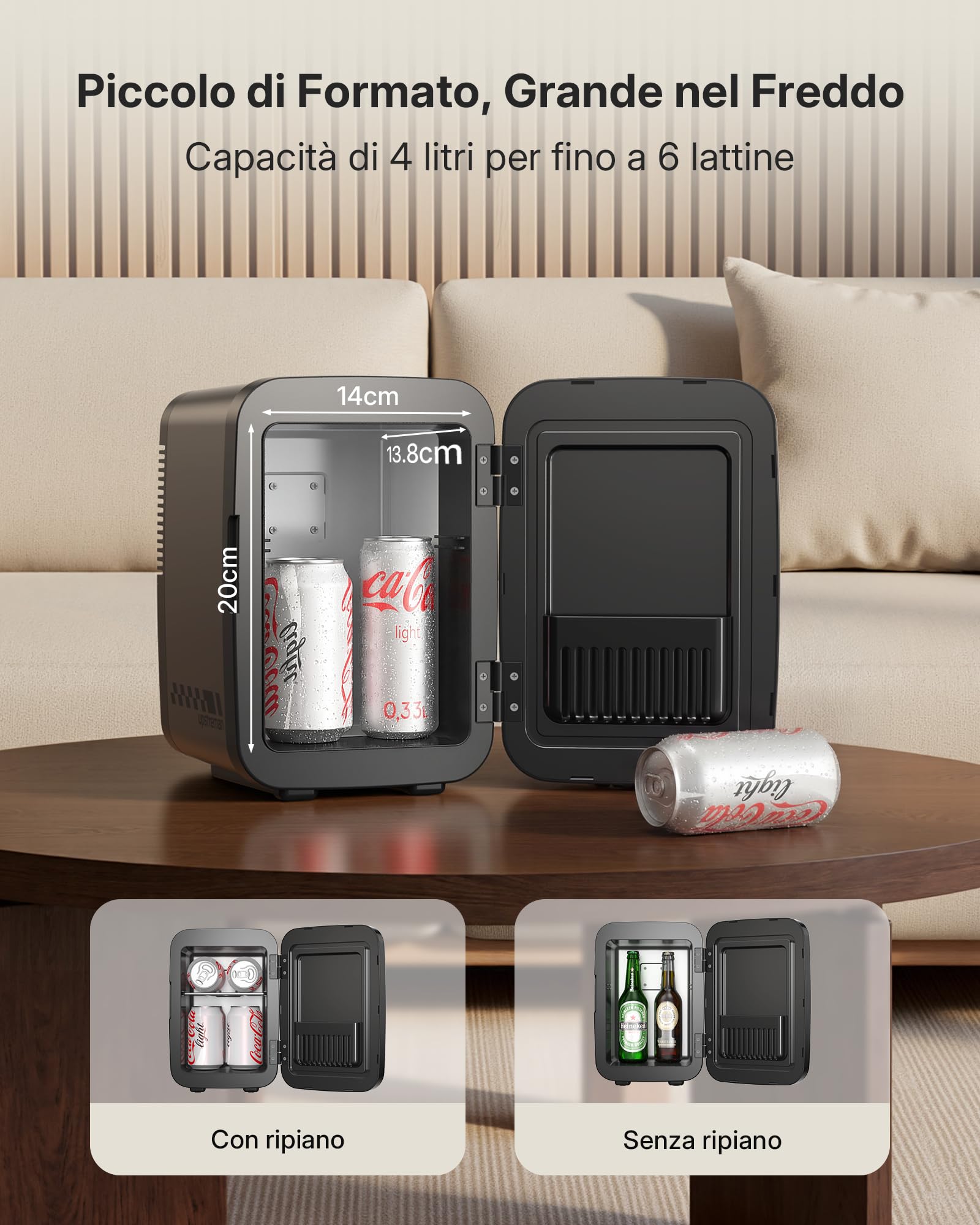 Upstreman Mini Frigo da Camera, 4 Litri/6 Lattine, 7 Colori Luminosi LED, Mini Frigo Termoelettrico, 12V/220V, Mini Frigoriferi per Dormitorio, Ufficio, Sala Giochi, Auto, TR4-Up