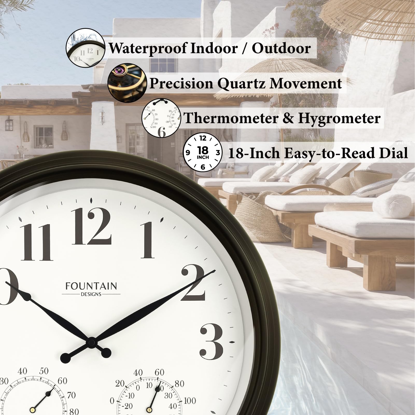 Maison Outdoor-Uhren für Terrasse, groß, wasserdicht, mit Thermometer, ölgerieben, Bronze-Schwarz