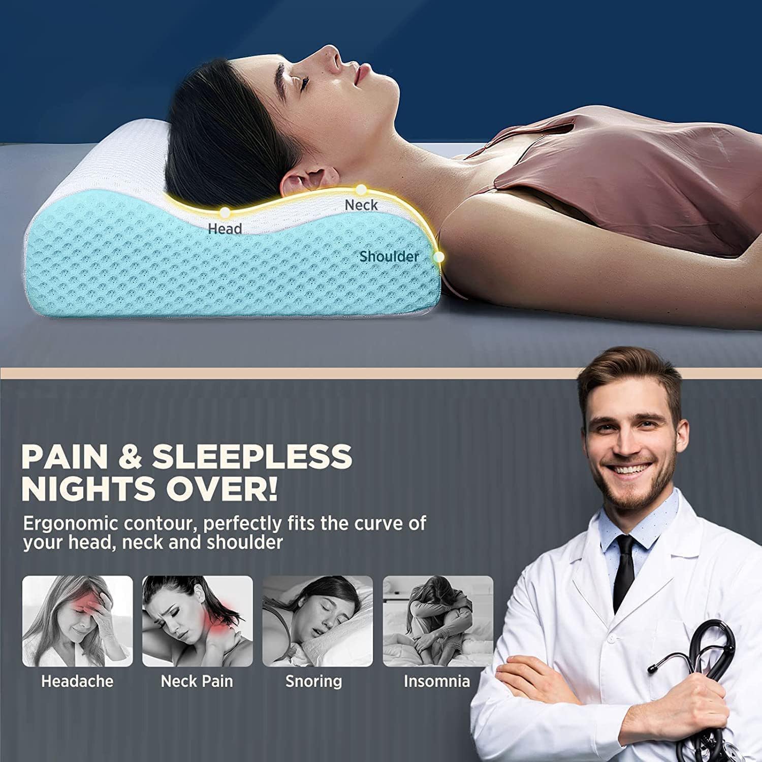 CloudBliss Memory Foam Pillow, Contour Cervical Orthopedic Memory Foam Pillows Supports Neck Pain and Shoulder Pain for Sleeping, Ergonomic Cervical Pillow Neck Support Pillow for Side Back (Grey) 2