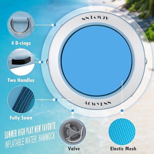 Miniatura 3 de Hamaca inflable de agua para adultos, hamaca flotante redonda para lago, piscina, playa (8 pies, blanco)