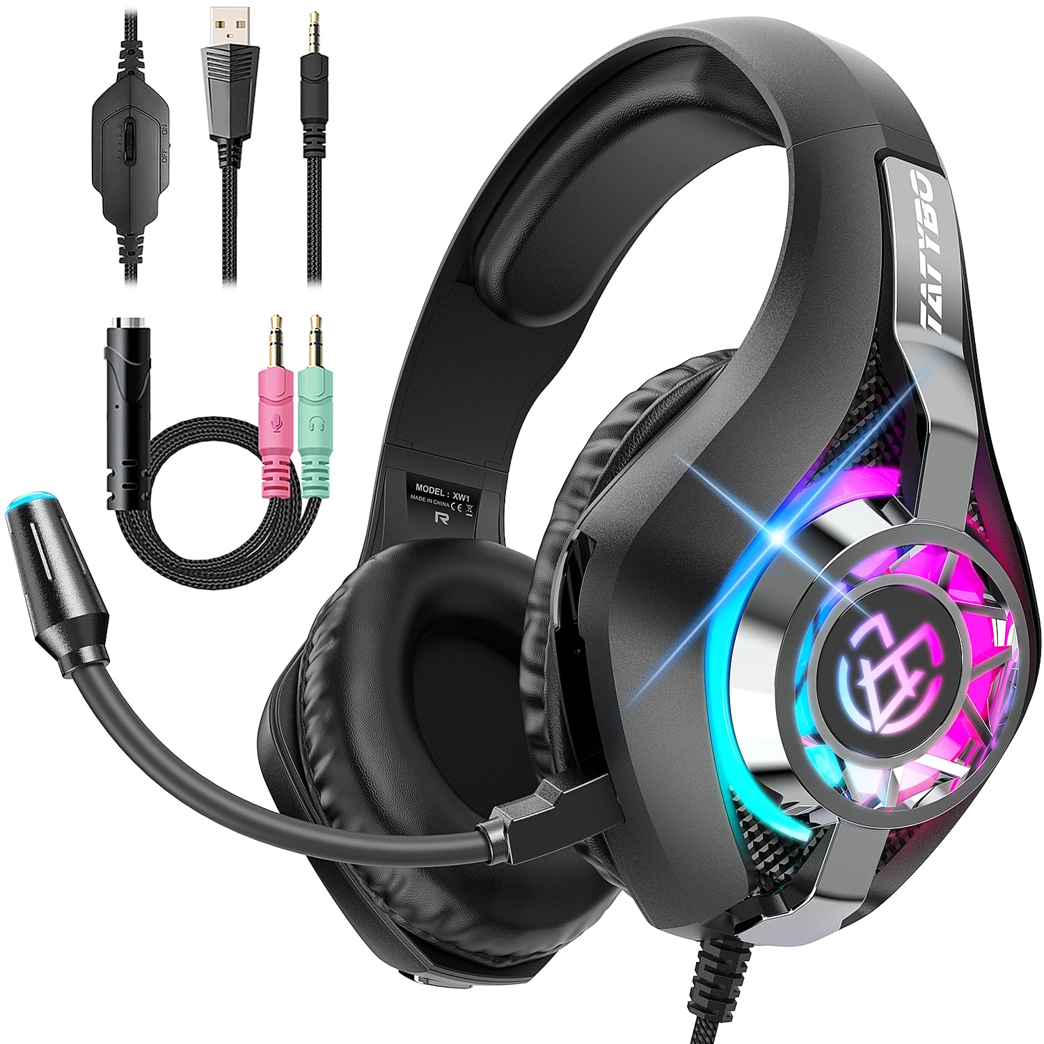 Tatybo Caschi Gaming Ps4 Ps5 PC, Cuffie con Stereo a Bassi Profondi, Luci RGB, Orecchie Grandi, Caschi con Microfono per Xbox One Switch