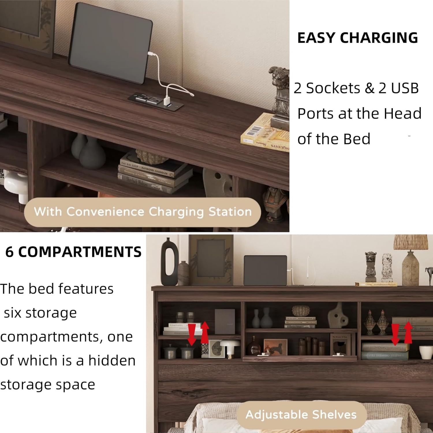 Merax 4-Pcs Queen Size Bed Frame Dresser Night Stand Bedroom Set, Platform with USB Charging Ports Storage Headboard & 1 x 5 Drawers Cabinet & 2 x Nightstands, Wooden, Walnut Queen Walnut image 7 of 8 B0D9GSLPML