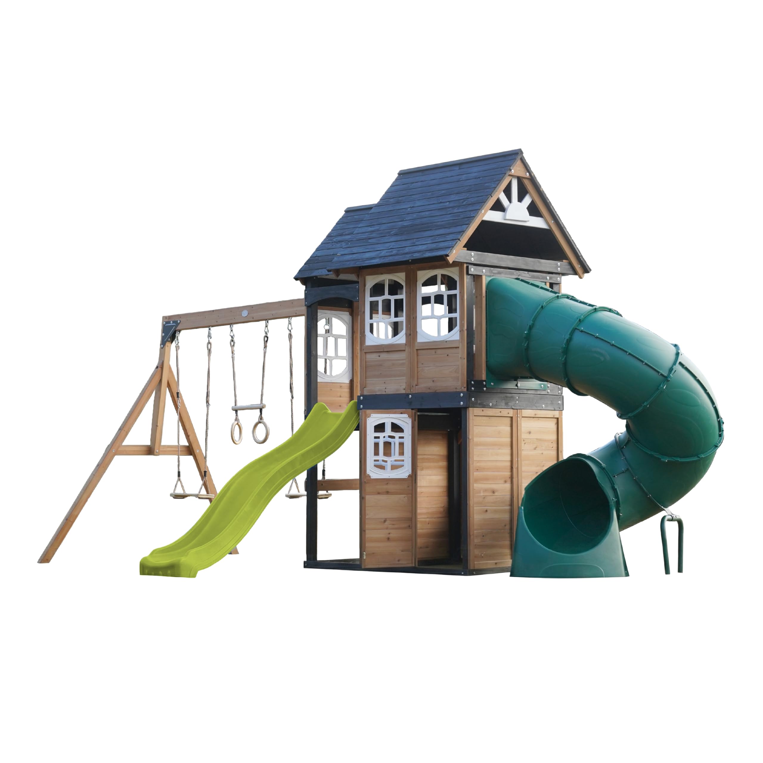 AXI Noud Parque Infantil de Madera, 2 Columpios, Tobogan Tubular y Tobogan Verde Limon | Casita XXL para ninos con Estructura de Escalada y Trapecio | para el Jardin.