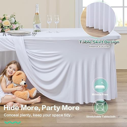 Miniatura 12 de Mantel de elastano negro de 6 pies para mesas rectangulares de 6 pies, paquete de 6 manteles elásticos sin arrugas para fiestas, bodas, cumpleaños