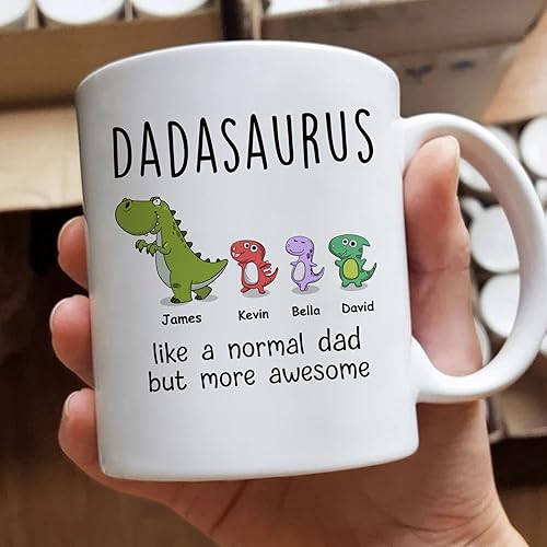 Miniatura 3 de Gossby DADASAURUS - Taza de café personalizada para papá, regalo personalizado para papá de niños, hija, hijo, esposa con diseño, nombres, divertido