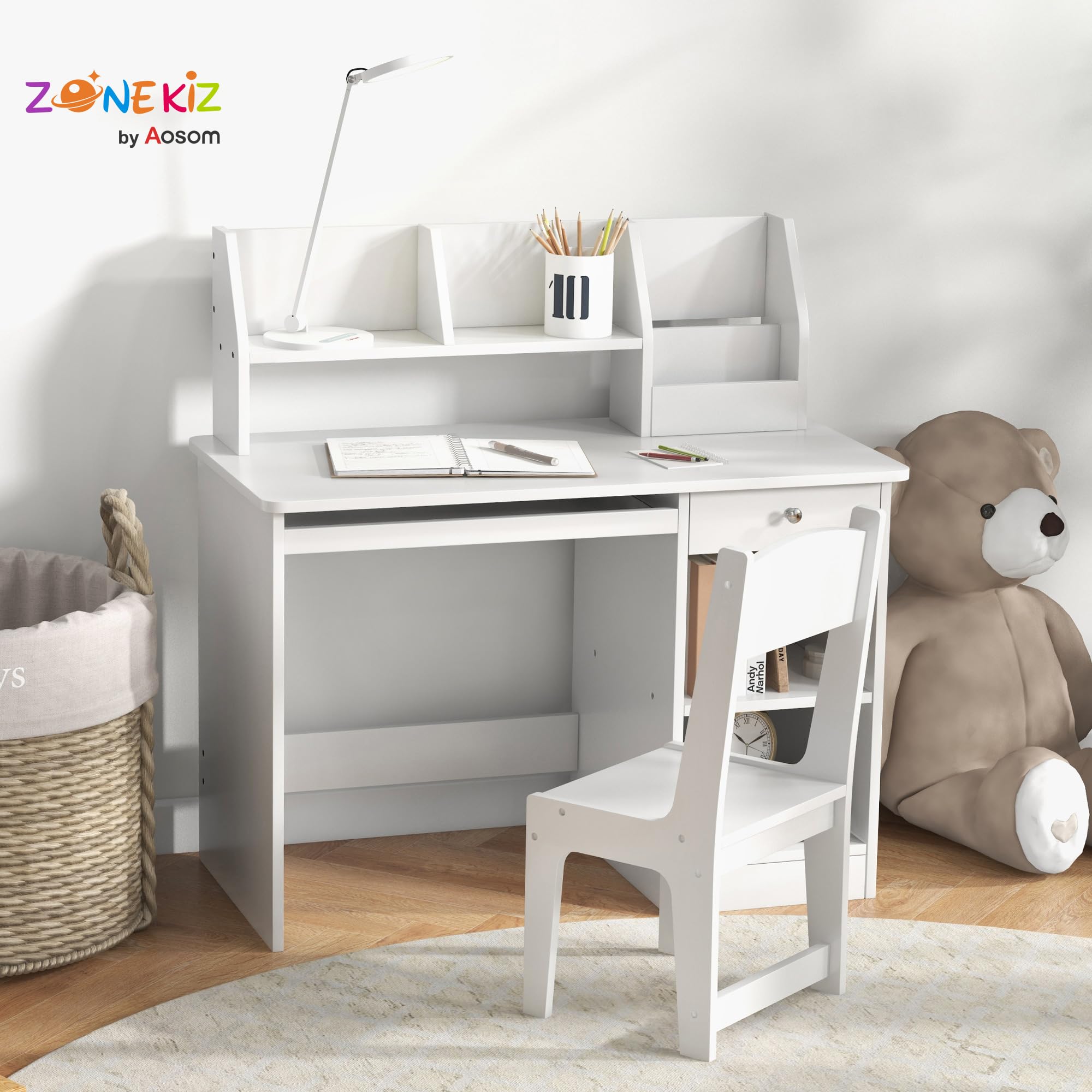 ZONEKIZ Juego de Escritorio y Silla para Niños de +5 Años, Pupitre Infantil con Compartimento y 2 Cajones, para Dormitorio, Sala, Estudio, Blanco