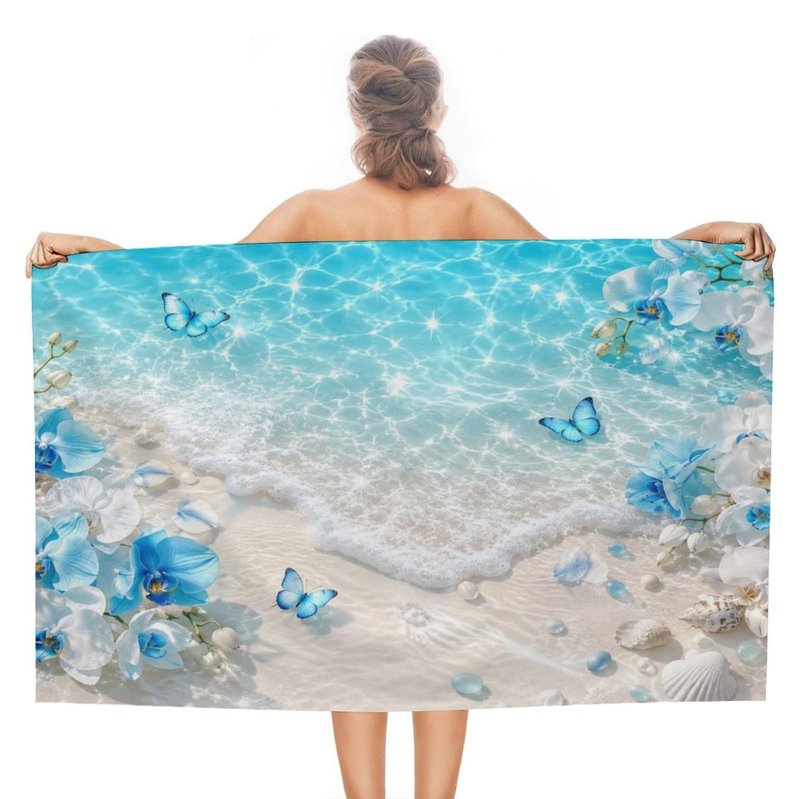 Anceky Blue Flowers Butterflies Beach Waves Seashells Oversized Beach Towel Quick Dry Sand Free Microfiber Travel Towel Lightweight Multi Purpose Beach Blanket Pool Gym Bath Towel 51x31 in