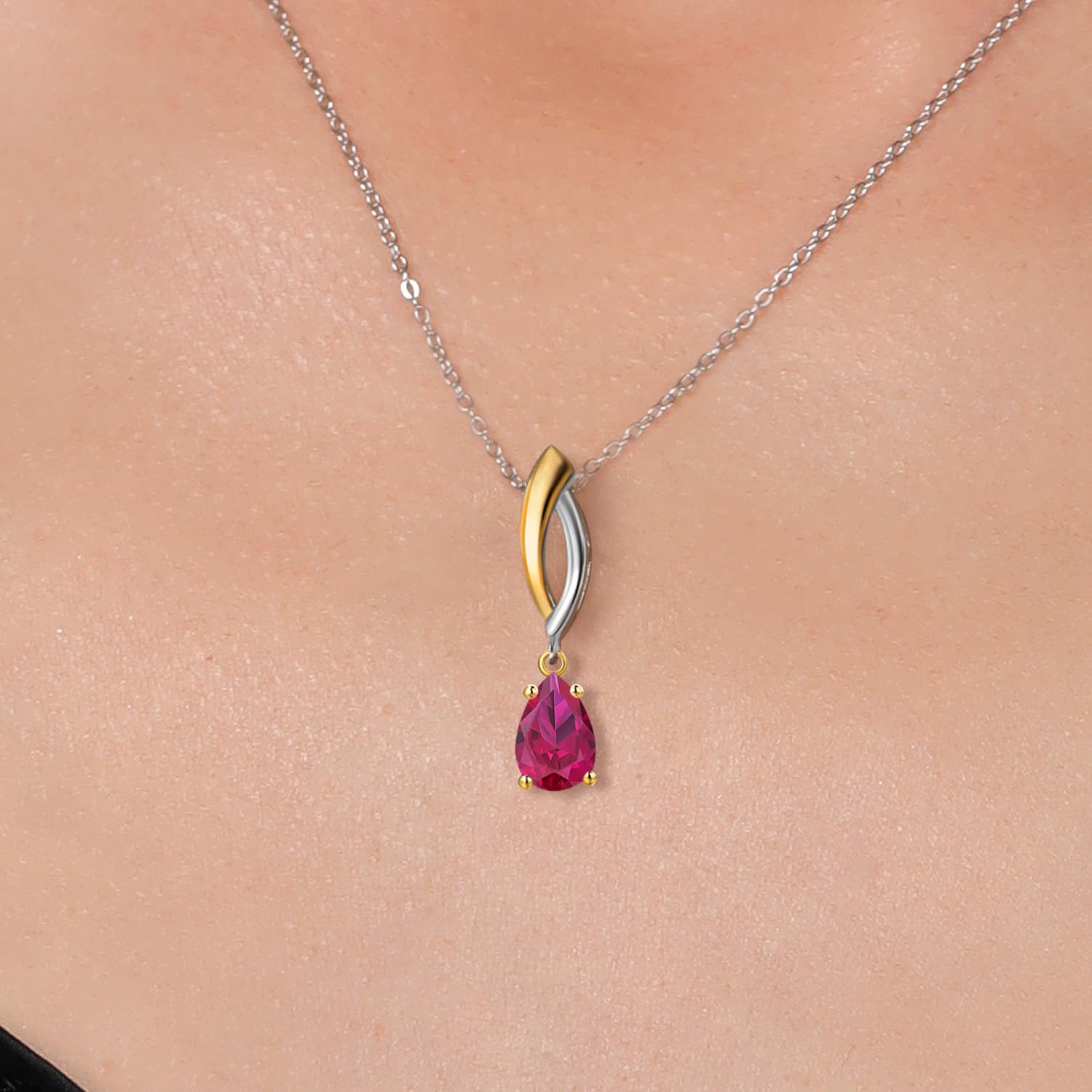 Gem Stone King 925 Silver and 10K Yellow Gold Red Created Ruby Pendant Necklace for Women | 1.00 Cttw | Gemstone July Birthstone | Pear Shape 7X5MM | With 18 Inch Silver Chain - Image 3