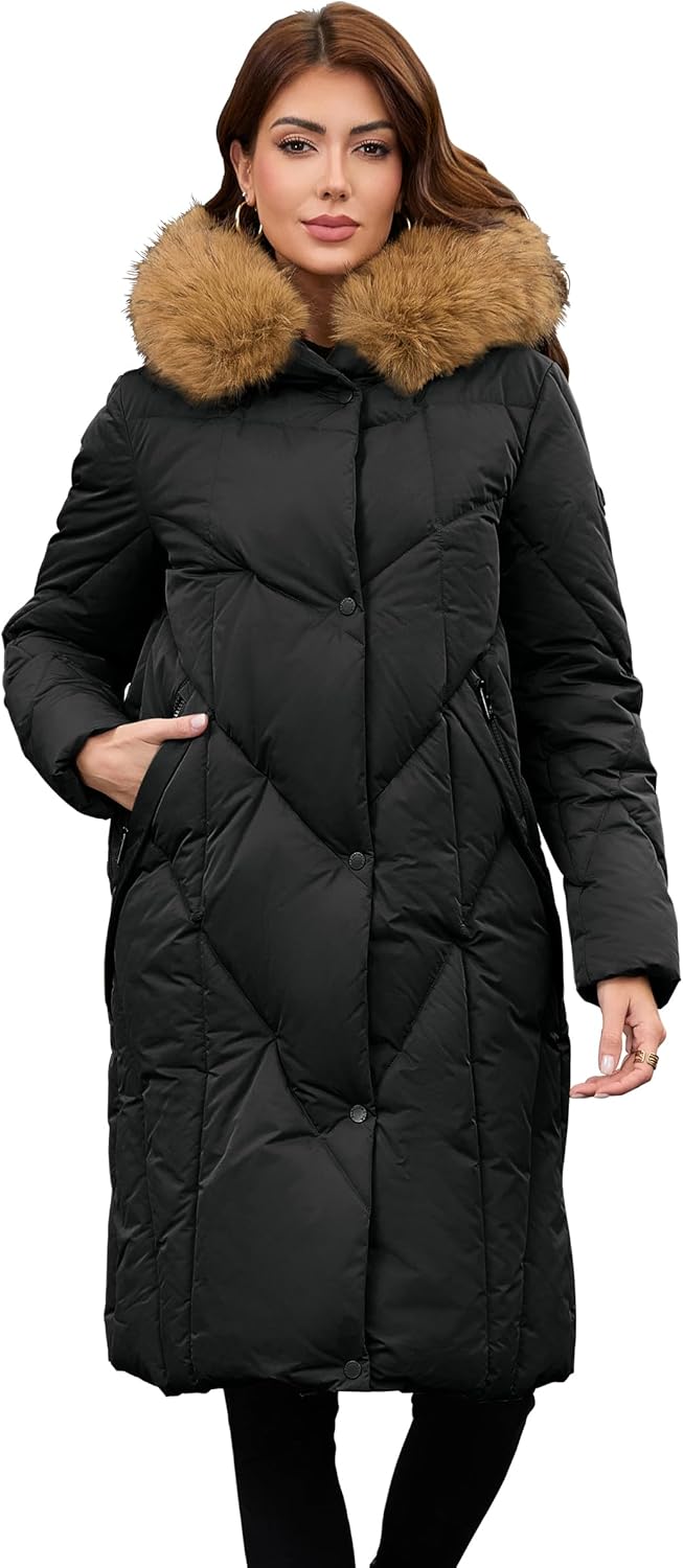 PAPILLON D'OR WEAR YOUR WINGS Women's Long Puffer Coat - Detachable Faux Fur Collar Diamond Quilted Winter Jacket