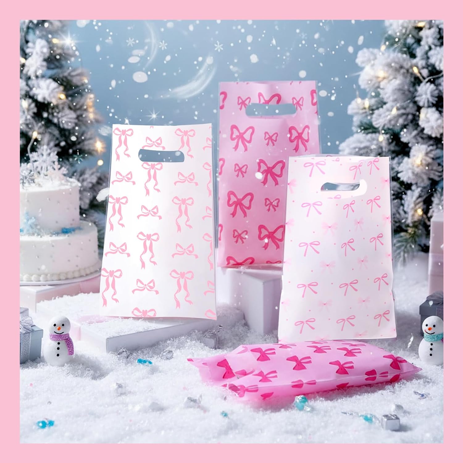 Geyoga 48 Pcs Pink Bow Goodie Bags, 9.8 x 6.3 in Coquette Plastic Candy Treat Favor Bags with Handles for Wedding Bridal Birthday Baby Shower Party Supplies image 5
