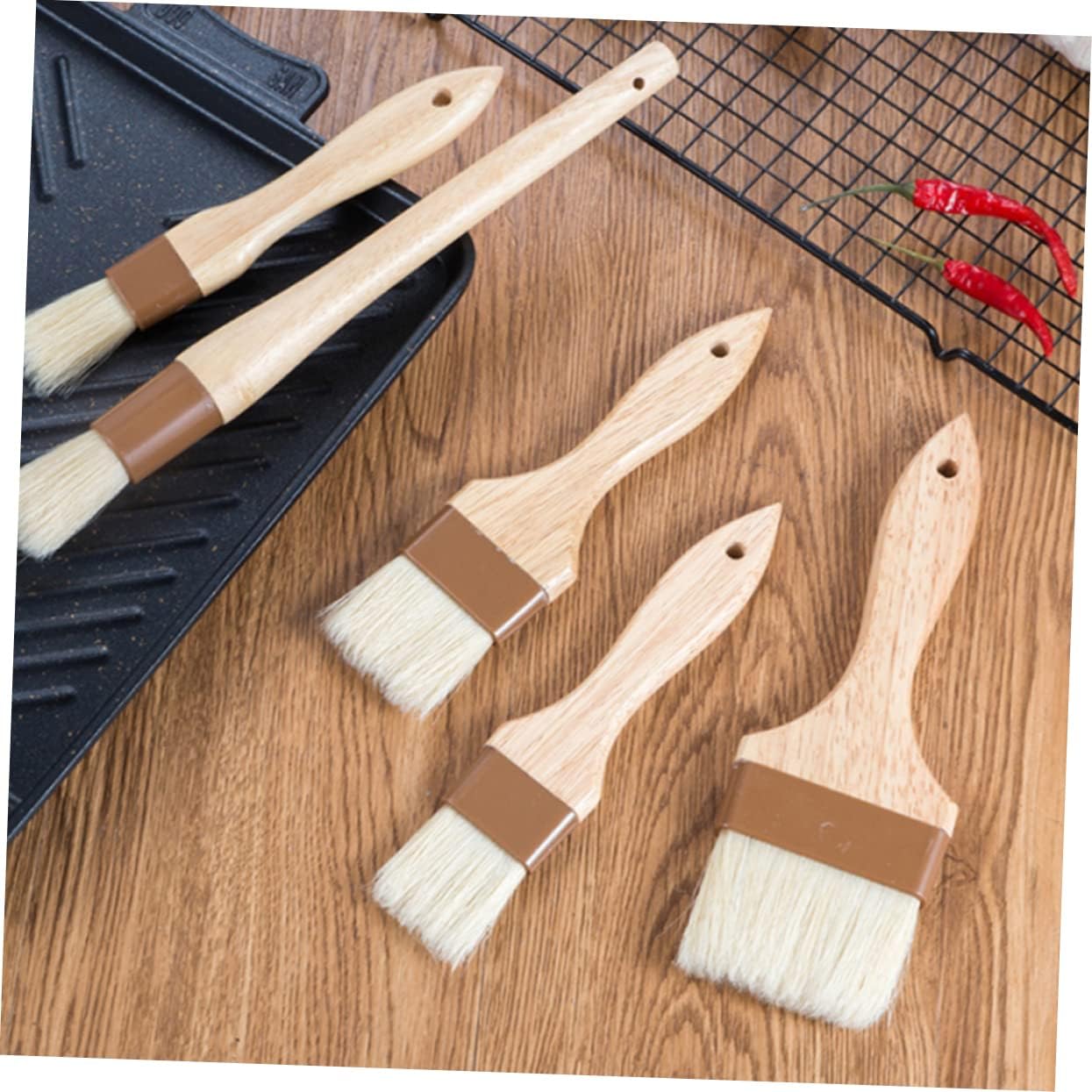 KICHOUSE 4pcs Food-grade Wood Handle Wool Brush for Baking Barbecue Includes Small Medium Large Round Lengthened Basting Oil Brushes Kitchen Utensils Utility Hanging