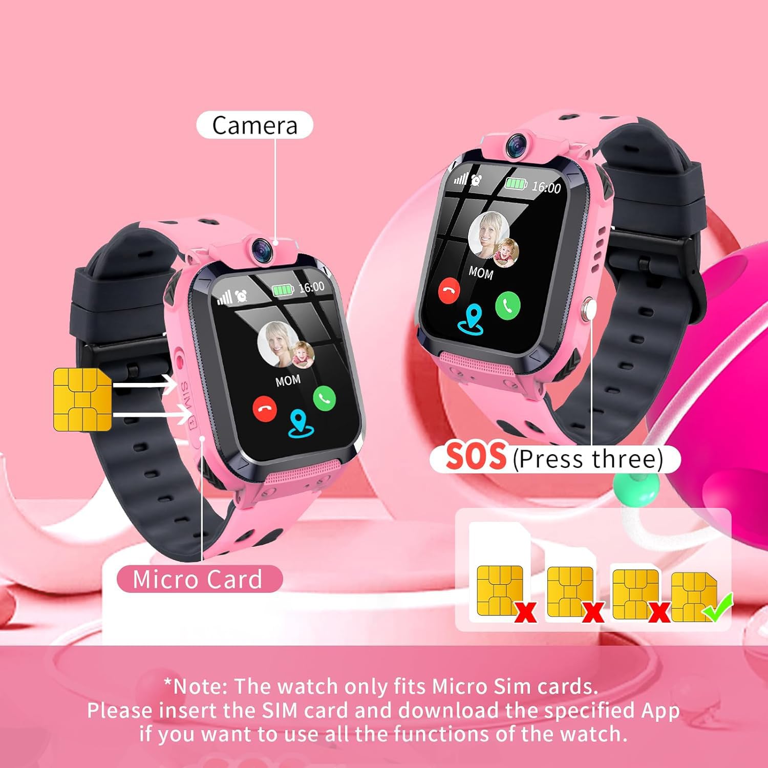 Reloj Inteligente Niños con Llamand Bidireccional, SOS, Calculadora, Alarma, Cámara, Juegos Reloj Inteligente de Moda para Niños de 4 a 12 Años y Niñas Regalo (Rosa)