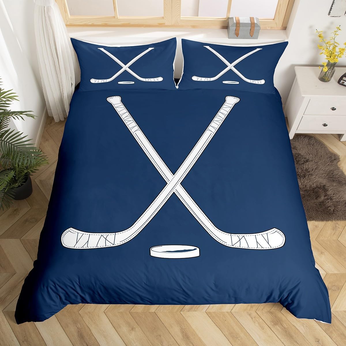 Poszwa na kołdrę Łóżko 135 Hokej na lodzie 3D Poszewka na kołdrę Edredon 220 x 220 cm Kij hokejowy Lekki Oddychający Pościel z zamkiem błyskawicznym i 2 poszewkami na poduszki B-8530