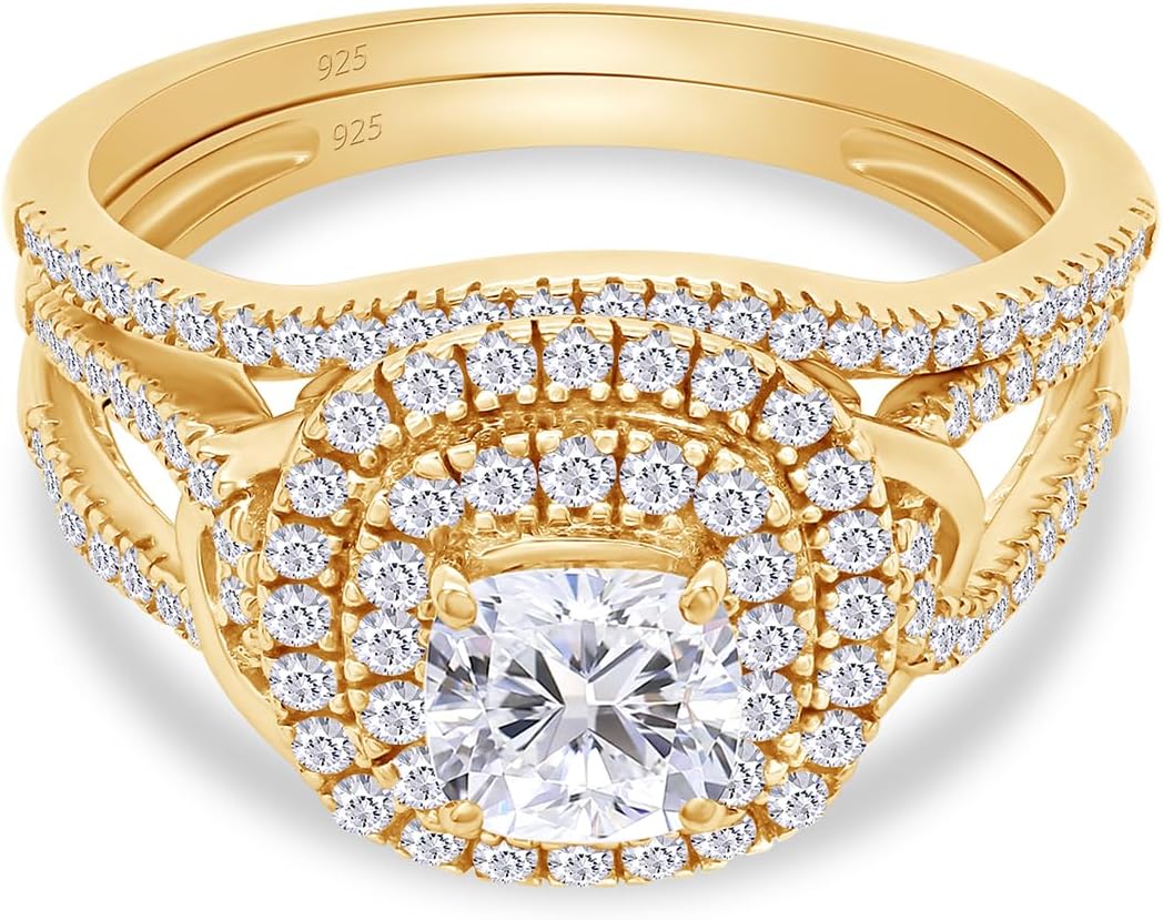 SAVEARTH DIAMONDS 1 CT Center 5MM Cushion & Round Cut Lab Created Moissanite Diamond Double Halo Split Shank Bridal Set Ring In 14K Gold Over Sterling Silver(VVS1 Clarity, 1 Cttw)