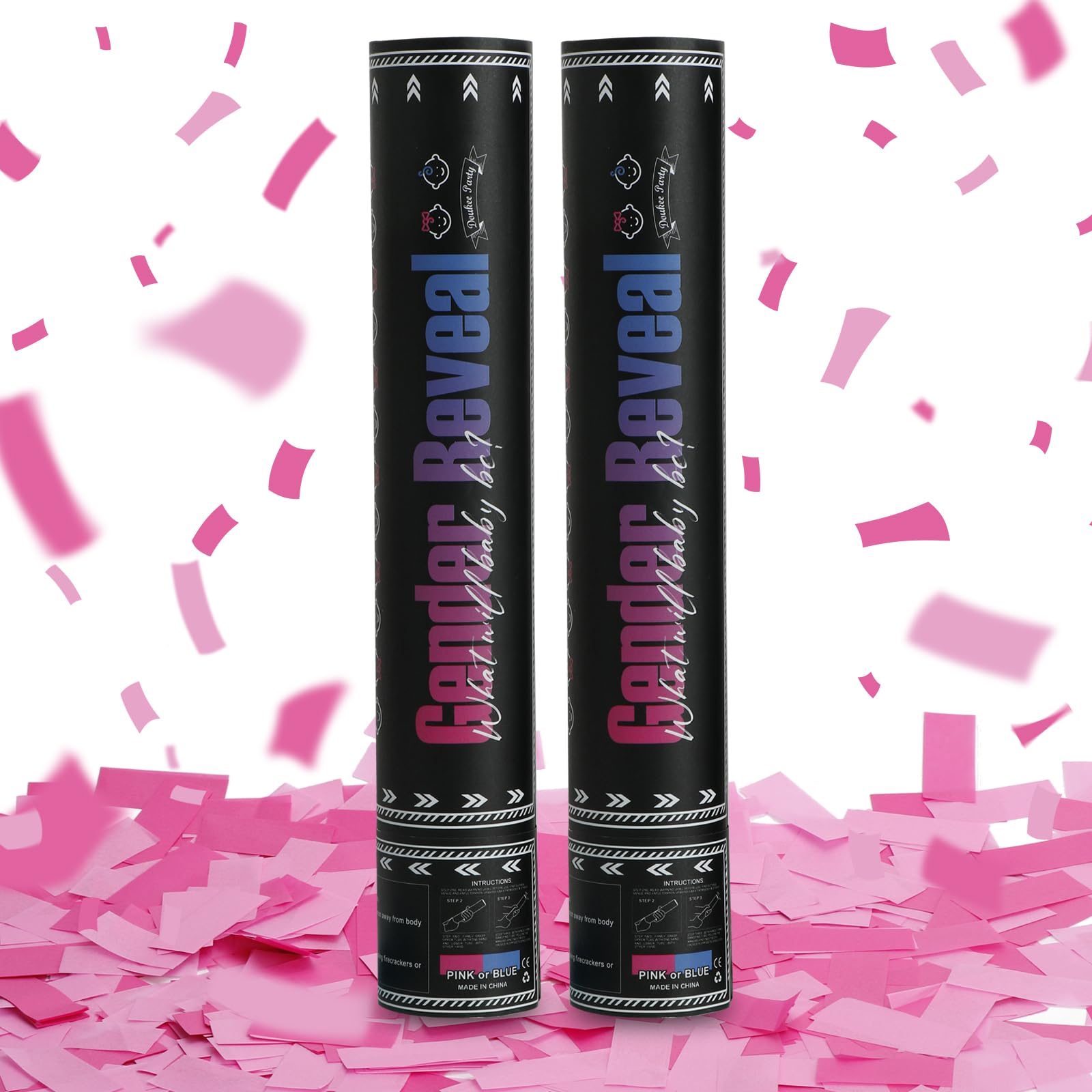 Gender Reveal Pink Confetti Cannon, DOUKEE Baby Shower Pink only Biodegradable Confetti Poppers for Girl Baby Reveal Party - 2 Set