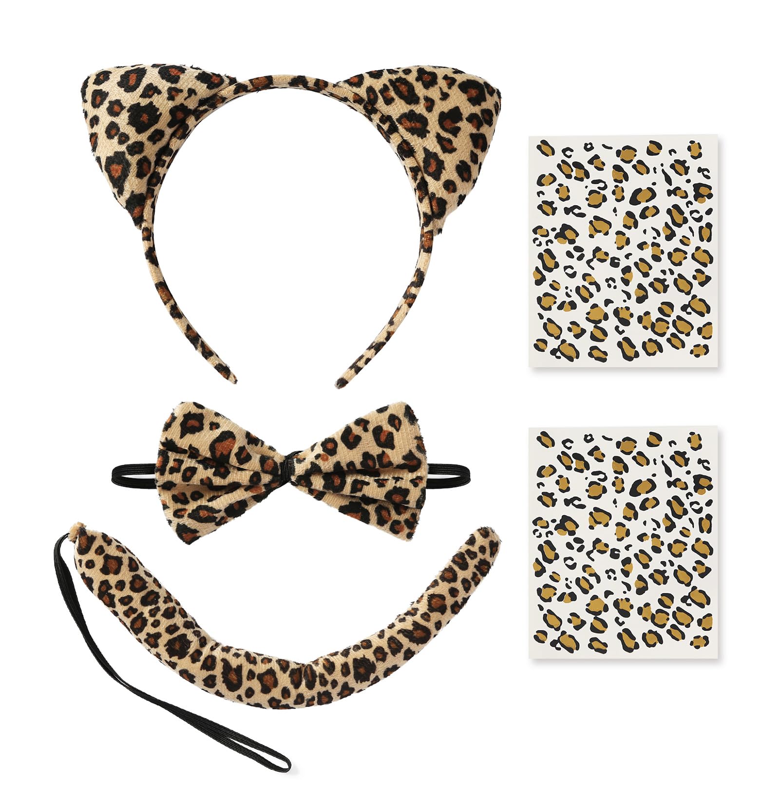 Nuolich Leopard Costume Accessories Cheetah Ears Headband Bow Tie Tail Tattoos Halloween Party Cat Cosplay