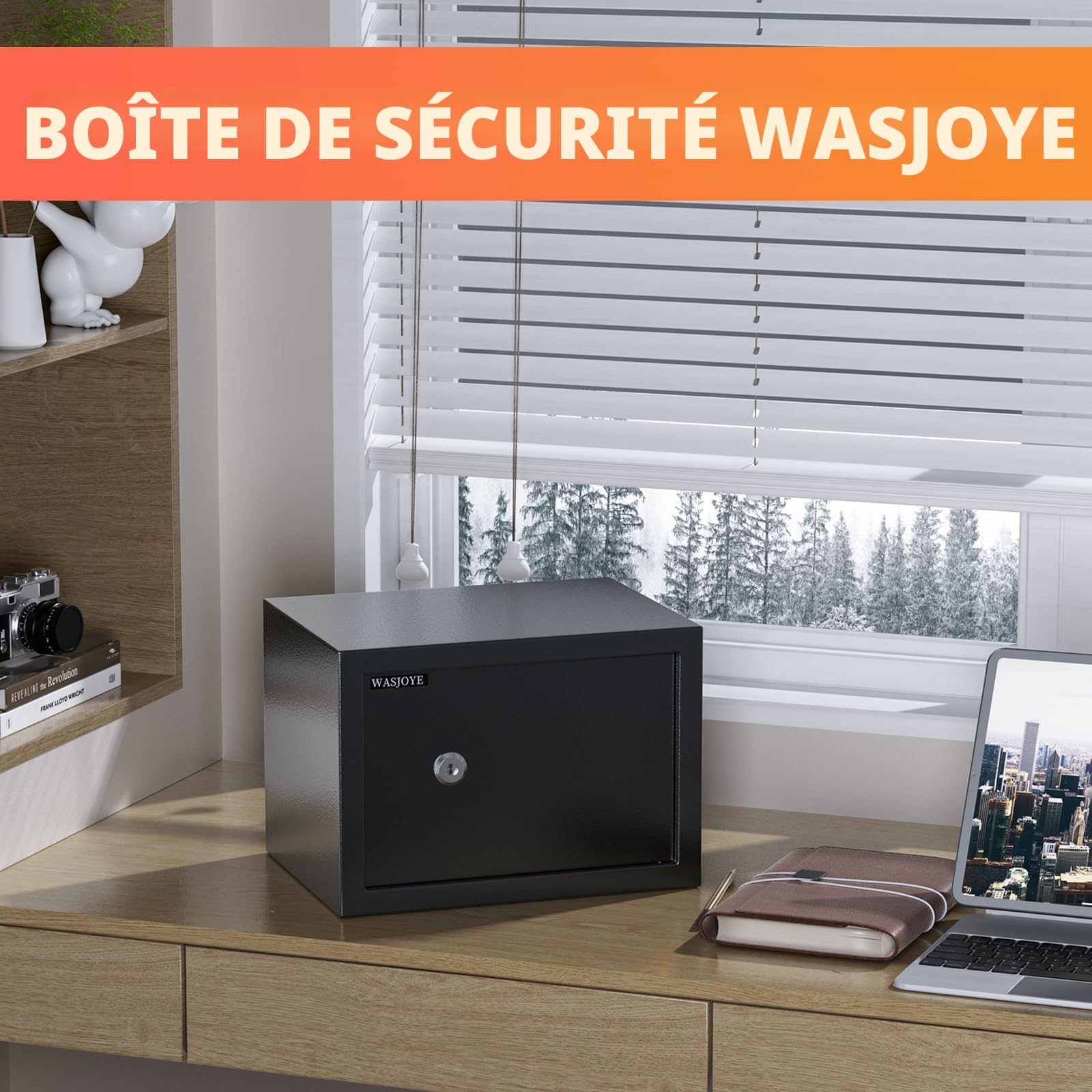 Coffre-Fort avec 2 Clés, WASJOYE Boîte de Serrure à Clé, 19L Boîte de Sécurité à Domicile/Bureaux, Coffre-Fort en Acier pour Ranger l'Argent, Bijoux, Médicaments, Téléphones, Passeports, 25*35*25cm