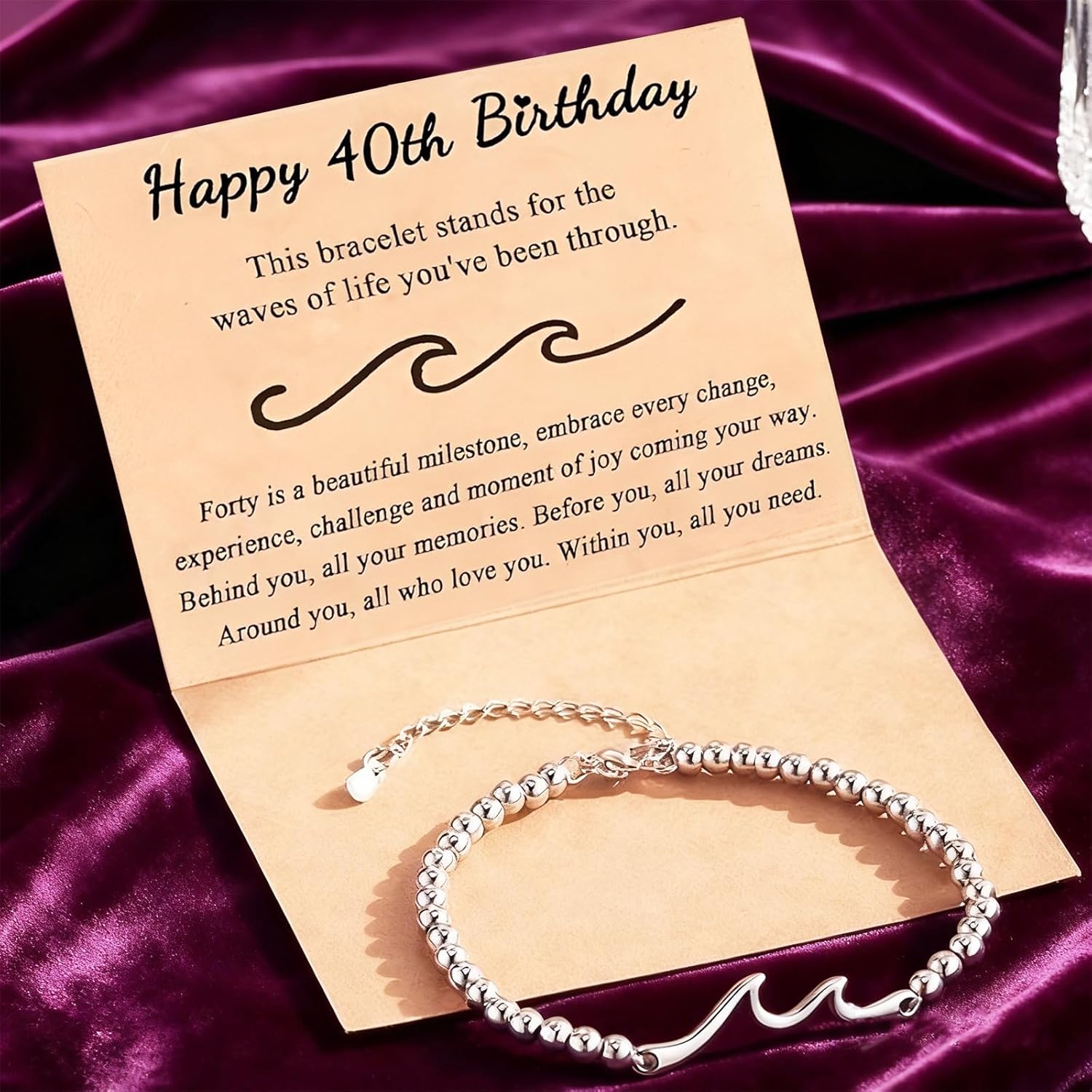 40th Birthday Gifts for Women, Silver Wave Charm Bracelet for Her, Unique Gift for Daughter, Mom, Sister, or Friend Celebrating Milestone Birthday - Image 6