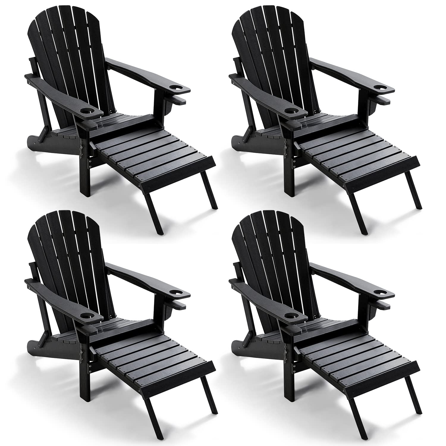 GREENVINES Folding Adirondack Chair with Pullout Ottoman Set of 4, HDPE All-Weather Patio Chair with Cup Holders, Lawn Chairs Plastic Outdoor Chairs for Fire Pit, Garden, Poolside, Porch, Black
