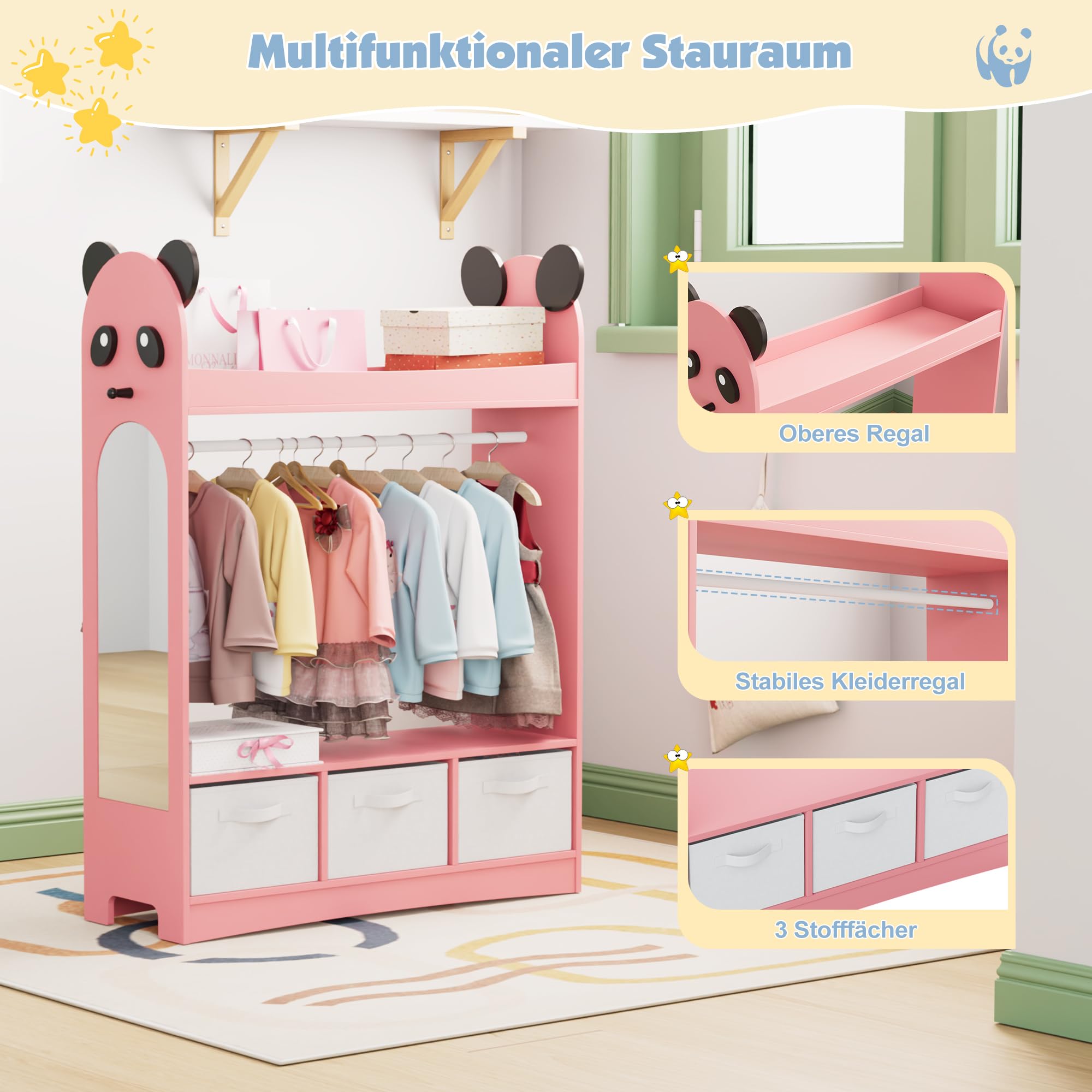 NACHES Kinder Kleiderschrank Kinderkleiderständer mit Boxen, Kleiderstange, Spiegel und Ablagen, Kindergarderobe aus Holz, Kinderregal 81 x 28 x 106,5 cm (Rosa, Panda mit 3 Schubladen)