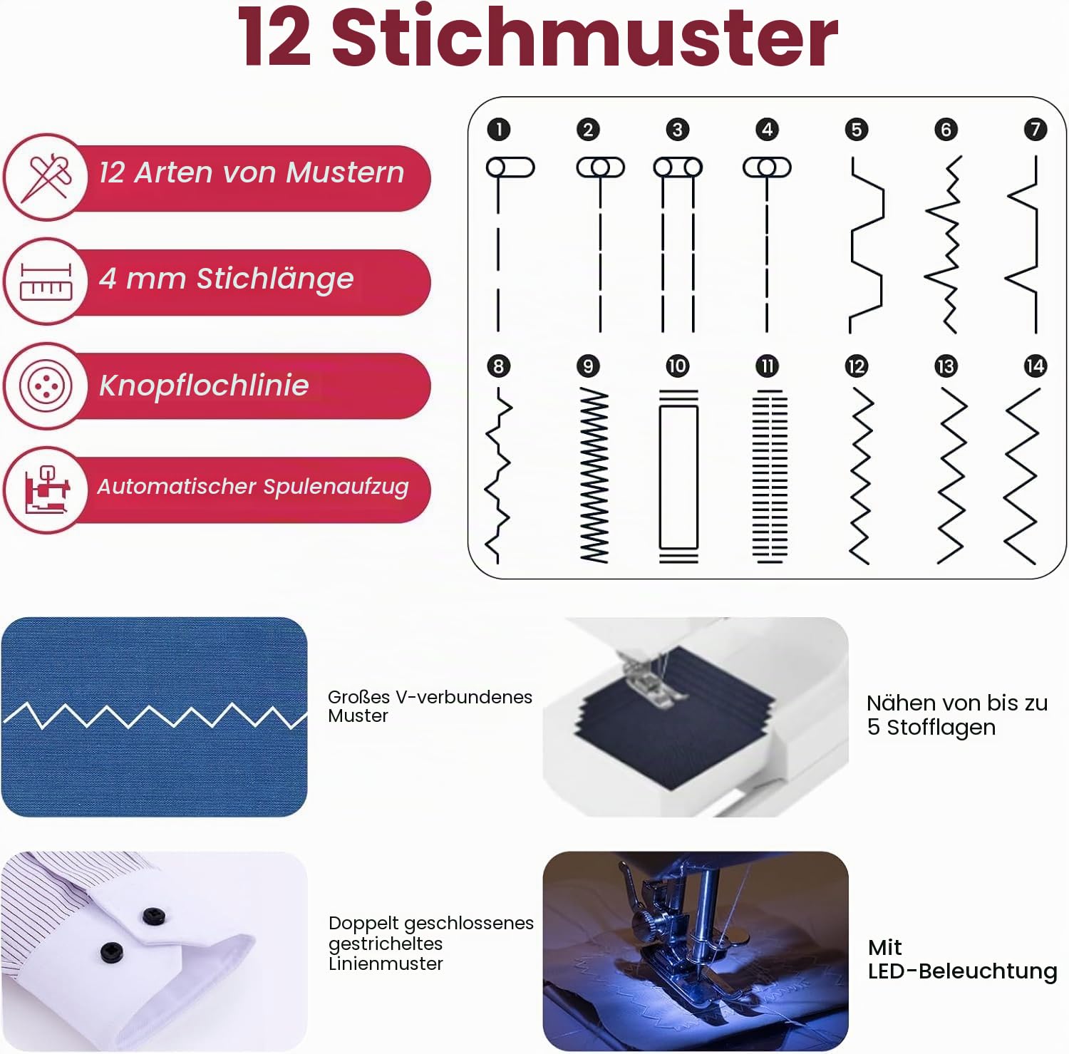 Mechanische Nähmaschine für Näh-Einsteiger & Anfänger, 12 Stichprogrammen, Freiarm, Nählicht & elektrischem Fußanlasser mit Fußpedal & Nähset