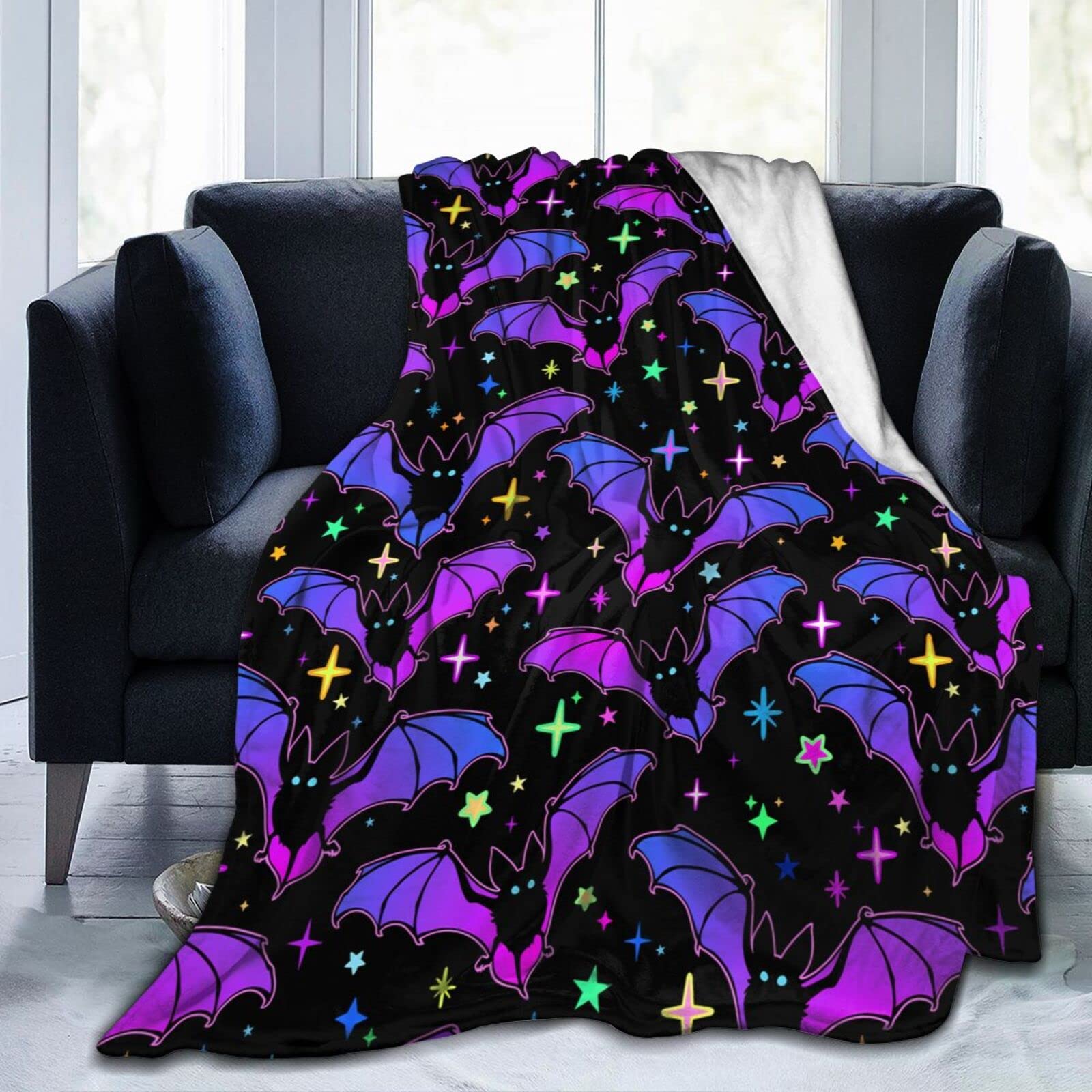 Lsjuee Bright Bats and Stars Throw Blanket Warm Cozy Blankets Lightweight Soft Cozy Flannel Funny Halloween Blanket for Sofa Couch Bed Home Decoration 50"X40"
