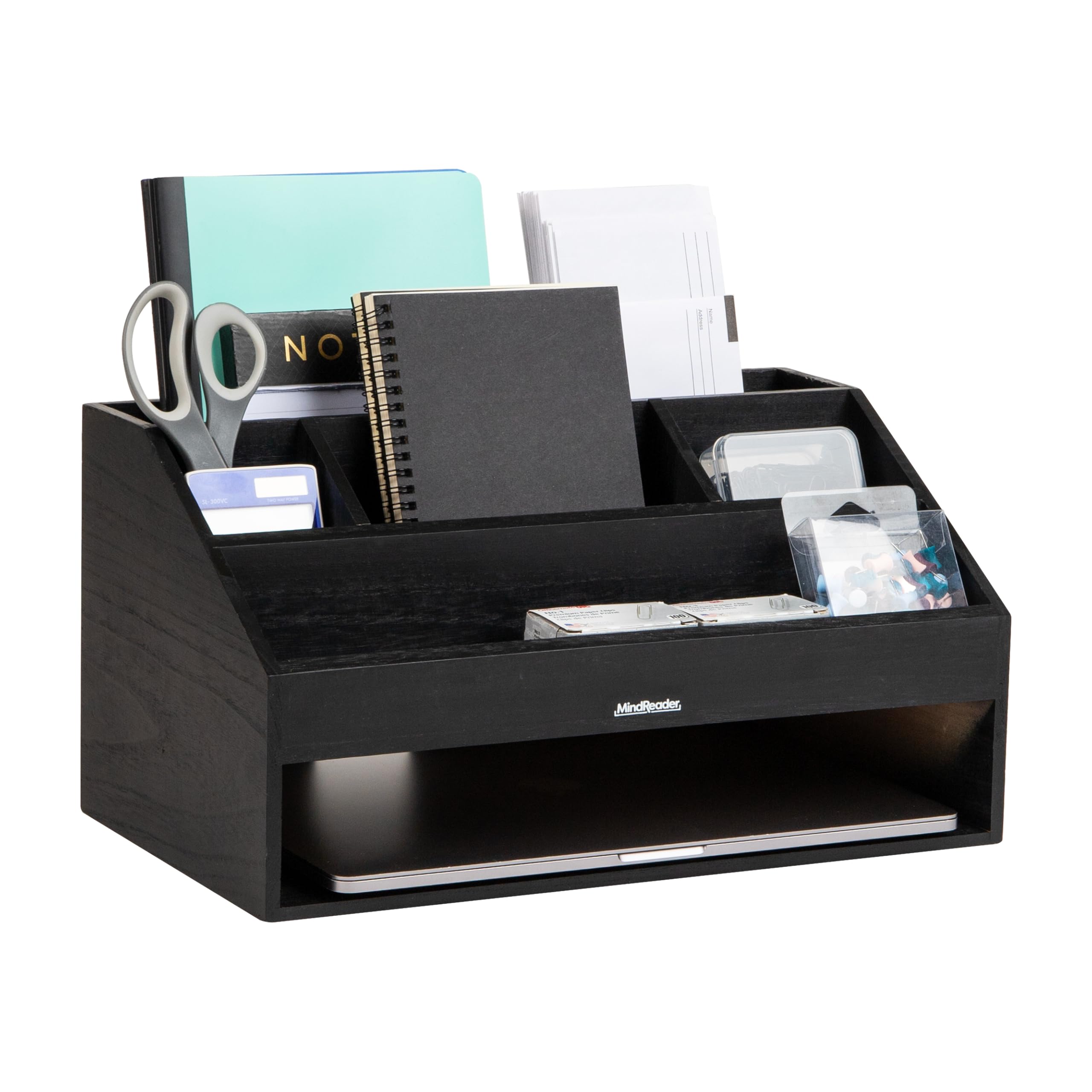 Mind Reader Organiseur de bureau, rangement de fichiers, support d'accessoires, gestion des cordons, bureau, bois, 41,3 x 24,1 x 21,6 cm (L x l x H), noir