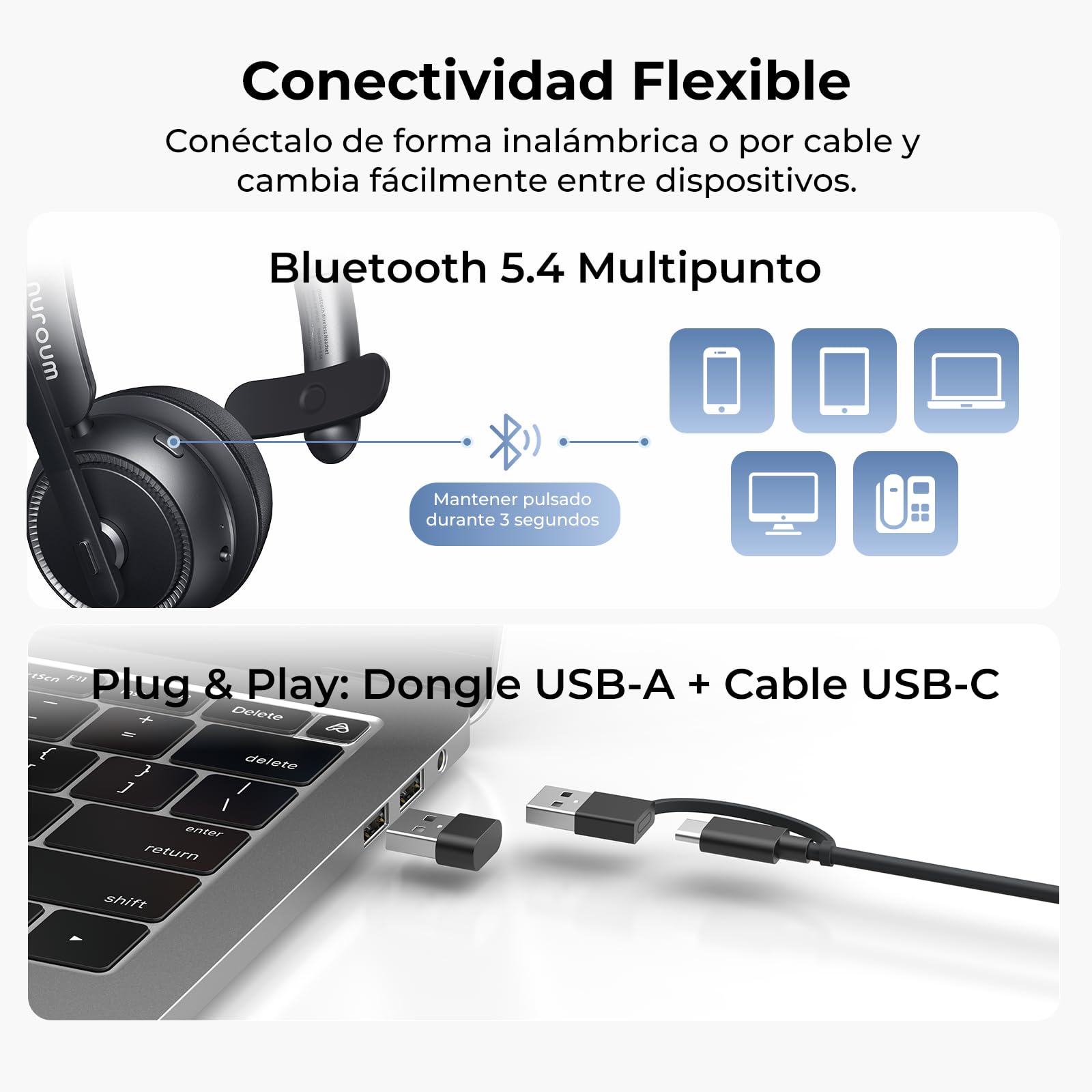 Nuroum HP31S 2026 Auriculares Bluetooth Inalámbricos con Micrófono para PC, Base de Carga,USB Dongle/V5.4, Modo Silencio, 45H Duración,Cascos con AI Micrófono Cancelación para CallCenter/Teams/Oficina