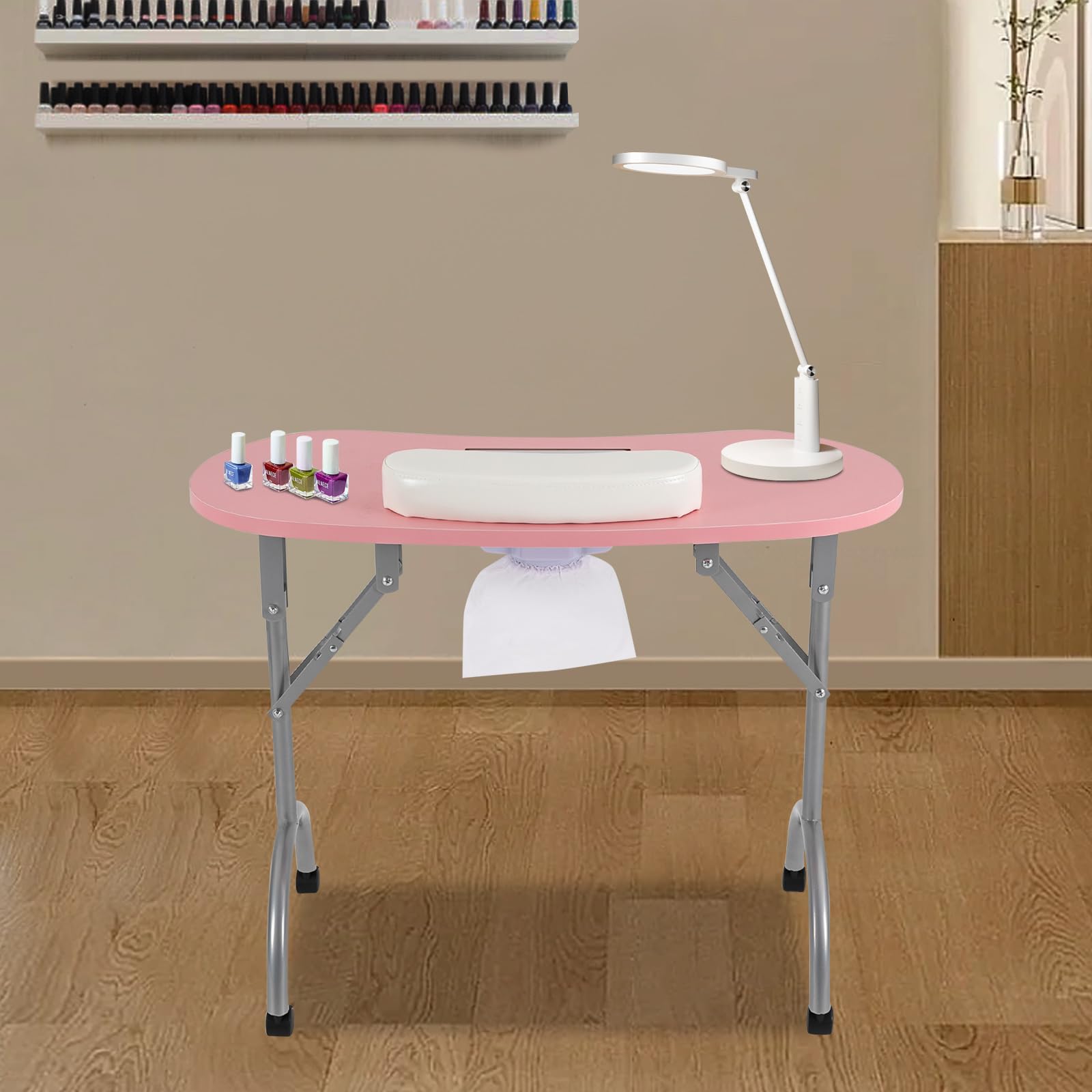 Mesa de manicura, estación de uñas plegable portátil, mesa de manicura impermeable con succión para técnicos domésticos, spa, salón de belleza, lugar de trabajo (rosa), Rosa., moderno
