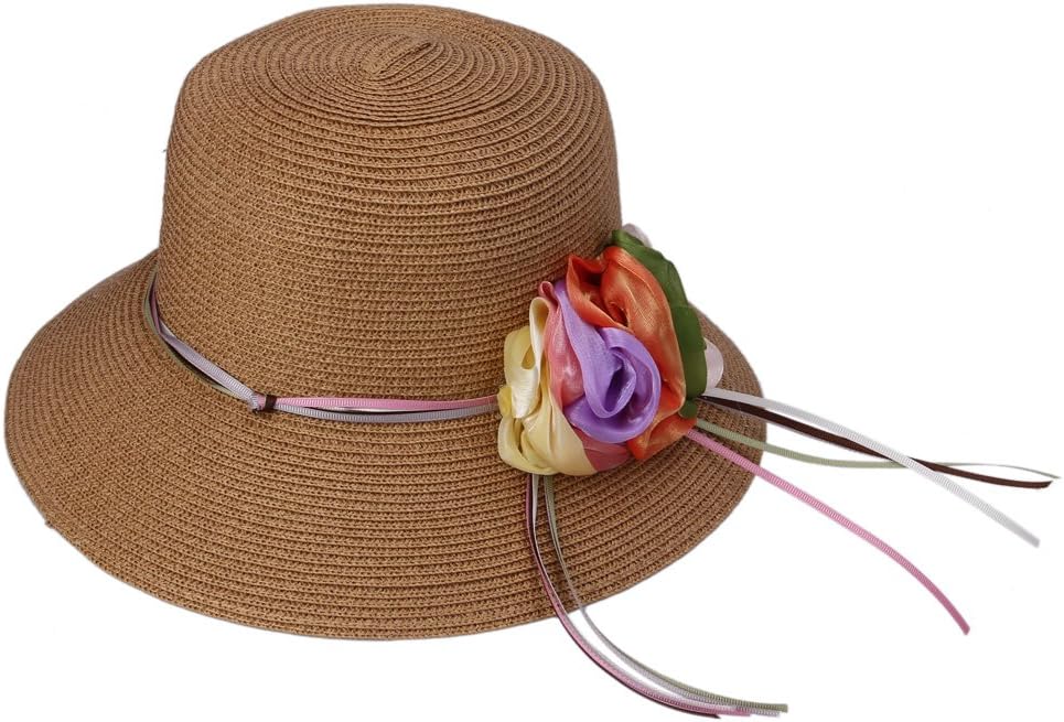 Bigood Floppy Bowler Derby Hat Wide Brim Straw Cap Sun Flower Ribbon Brown