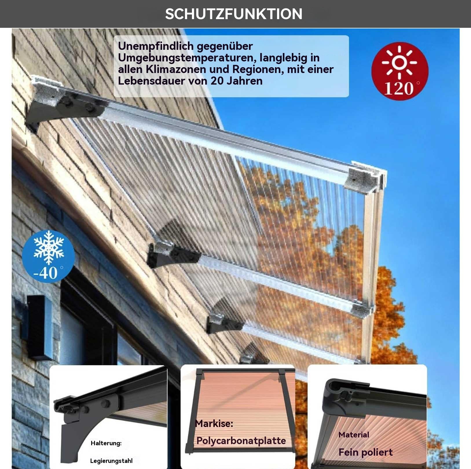 Fenstervordach für Türen Vordach Haustür,Polycarbonat und Aluminium Rahmen,für Balkon-Traufe-Garten-Regen- und Schneeschutz Hohe Stabilität vordach Ideal für Veranda