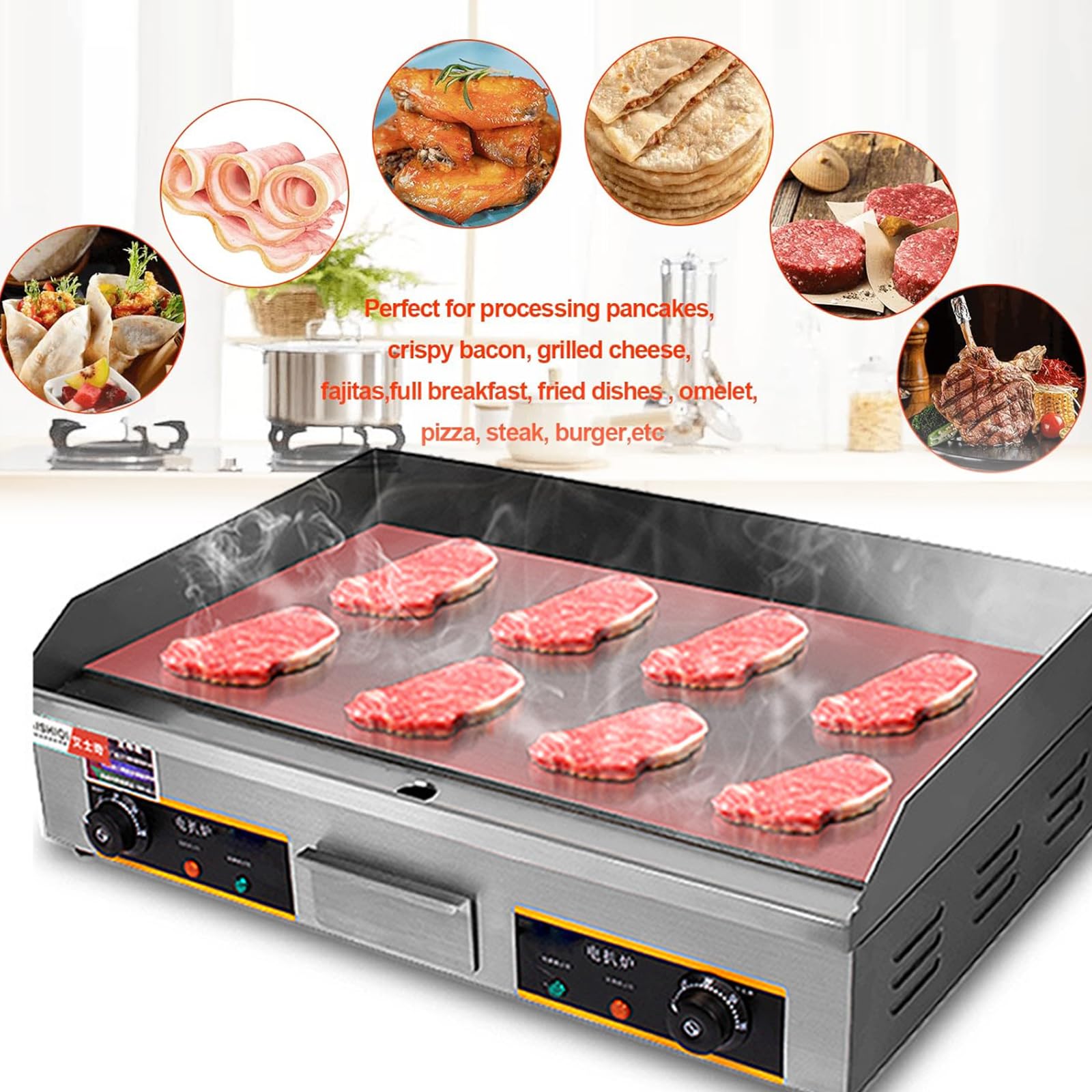 Plancha Eléctrica Profesional 73X40cm con Cepillos Y Palas Eléctrico para Cocina Parrilla Barbacoa Acero Inoxidable Temperatura 50-300 °C, 4400W, con Bandeja Recoge Grasa, Antisalpicaduras