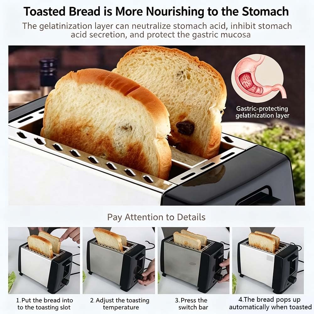 Tostadora de desayuno doméstica, máquina calentadora de pan de 2, tostadora para bagels, sándwiches, pasteles, croissants, gofres, dorados ajustables, bandeja para migas extraíble(Black)