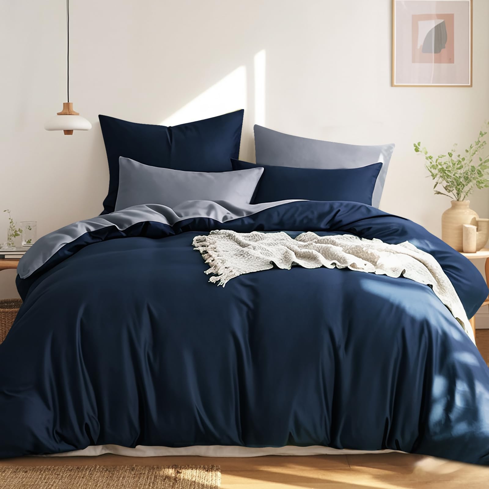 RUIKASI Bettwäsche 220x240 Baumwolle Blau - Bettwäsche-Sets 220x240cm 3teilig Wendebettwäsche 3tlg mit Reißverschluss, zweifarbige Bettbezug Set Dunkelblau und Grau Cotton