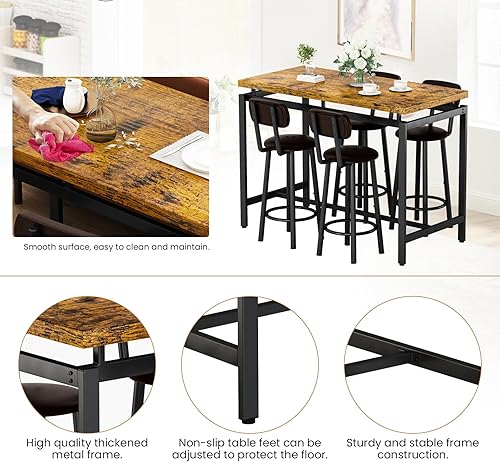 Miniatura 6 de Recaceik Juego de mesa de bar para 4 mesas de bar y sillas, mesa de comedor industrial con 4 taburetes tapizados de cuero sintético, altura de