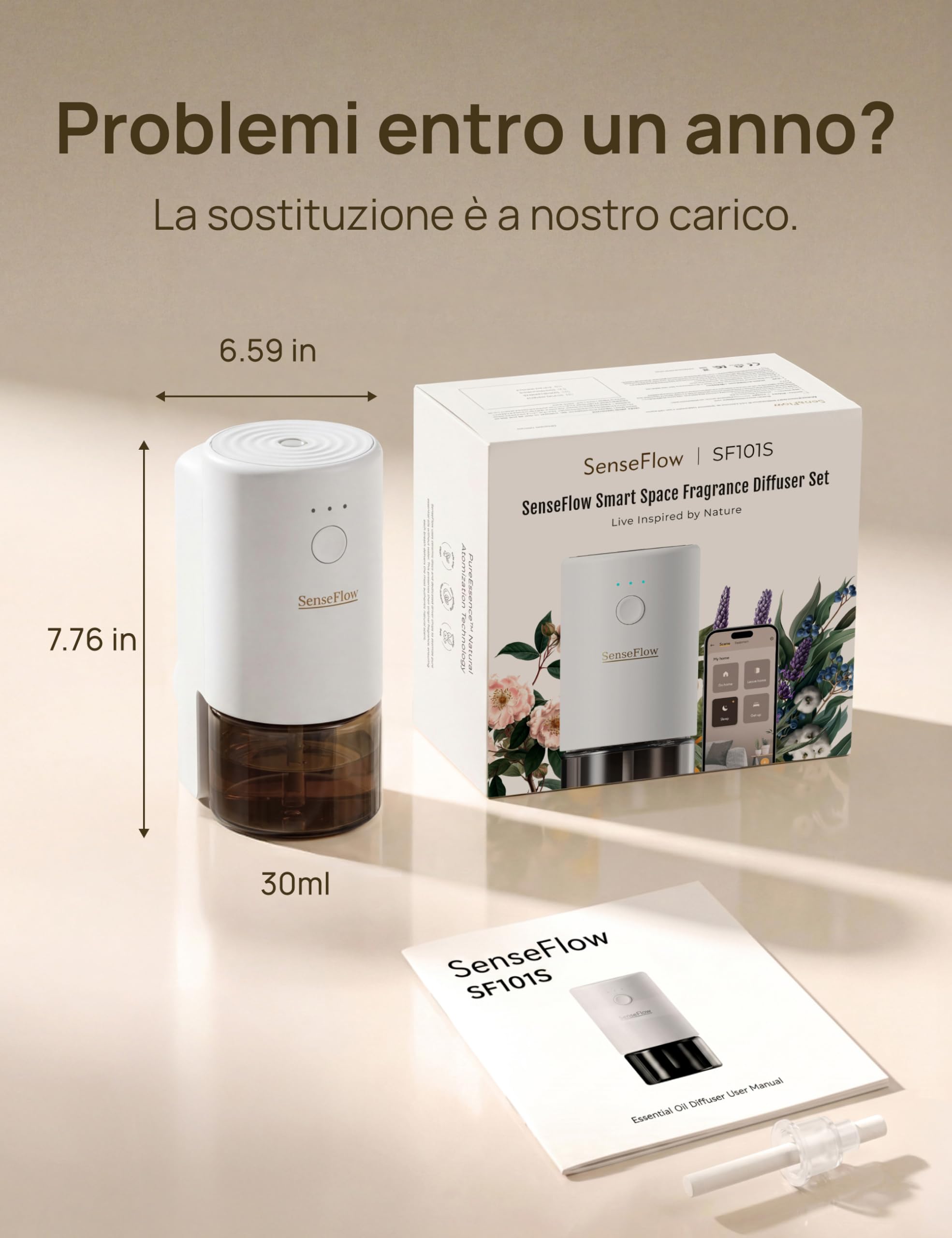 Wi-Fi Diffusore di Oli Essenziali SF101S 100% Vegetale Aroma 120 Giorni Luce LED