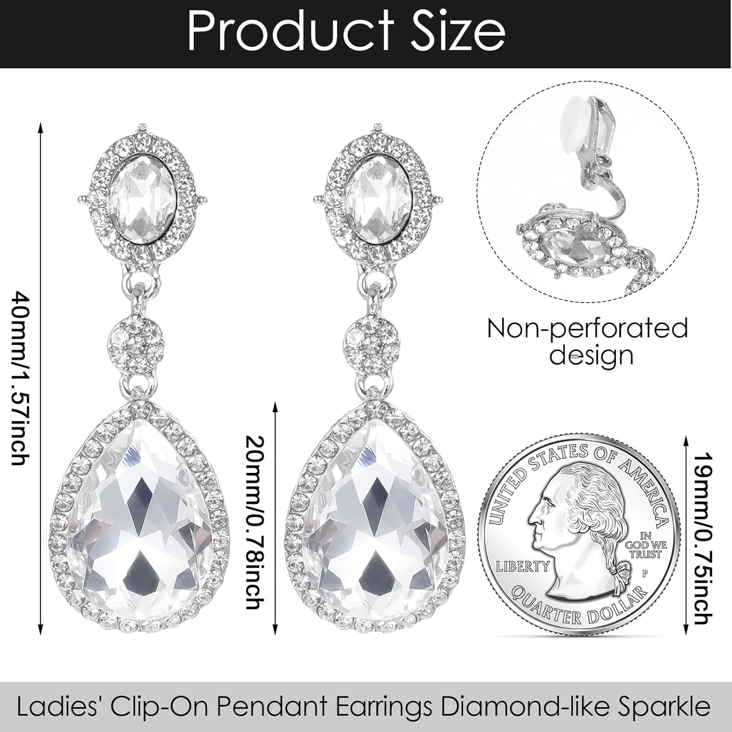 Diamond Drop Earrings, Teardrop-shaped Diamond Dangle Earrings, Silver Rhinestone Non-Pierced Clip-On Earring, Wedding and Party Costume Jewelry - Image 4