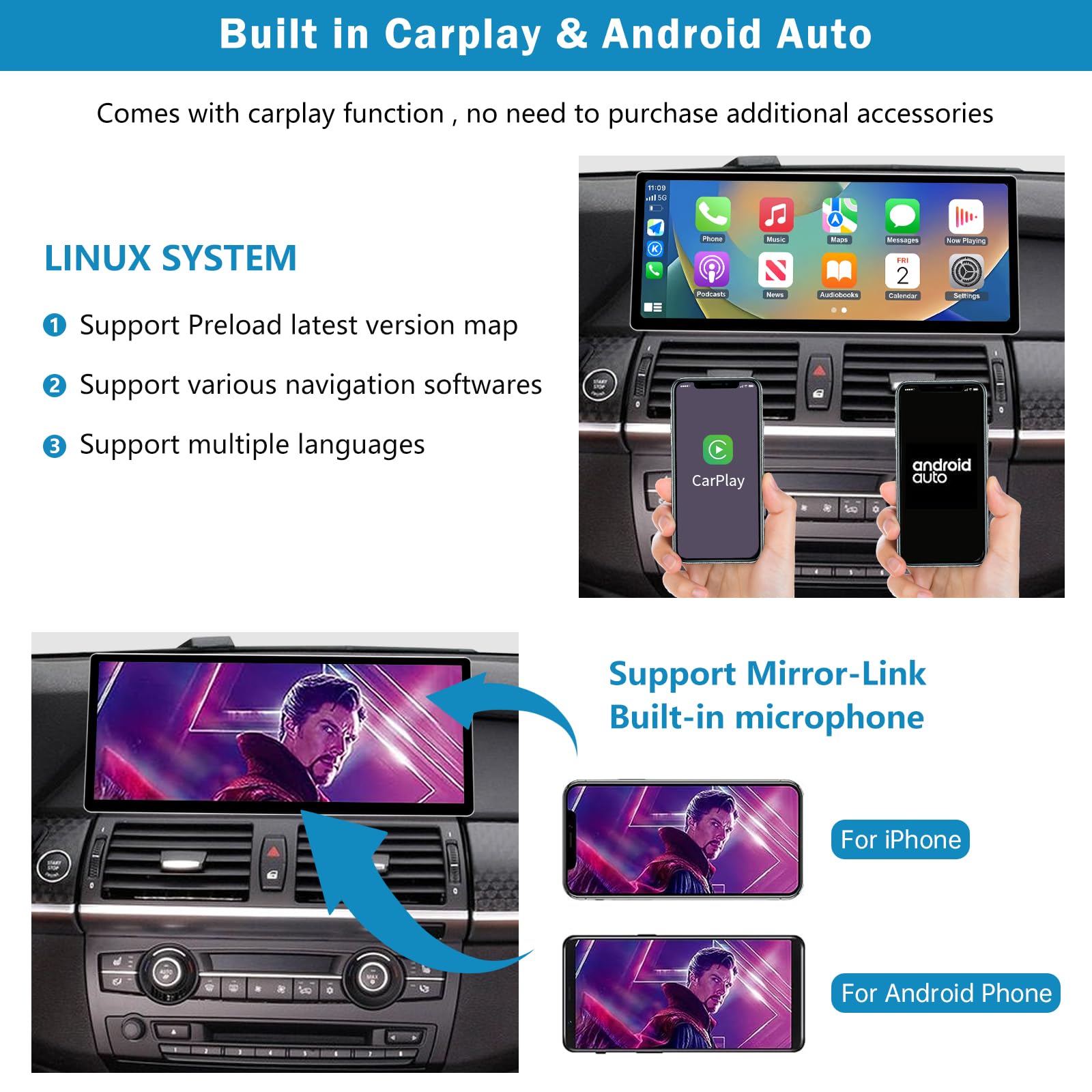 12,3-calowy ekran dotykowy radia samochodowego do BMW X5/X6 E70 E71 2007-2010 z systemem CCC, obsługa Apple Carplay/Android Auto/Mirrorlink/nawigacji GPS
