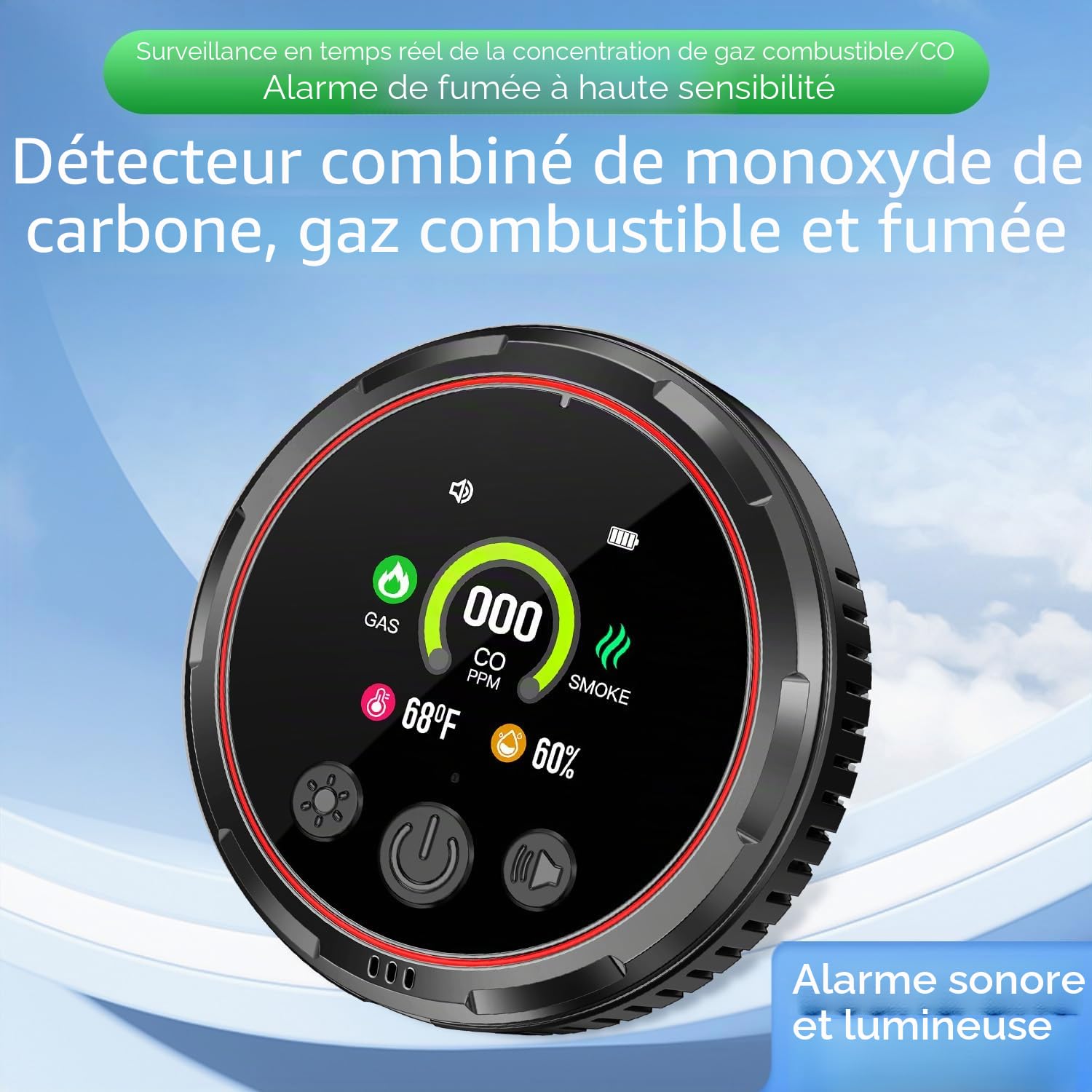 5IN1 Détecteur de fumée et de monoxyde de Carbone à Broche et Combinaison de gaz Naturel Combustible, Batterie de Secours, Capteur de température et d'humidité pour la Maison hôtel RV HD13 (2, Black)