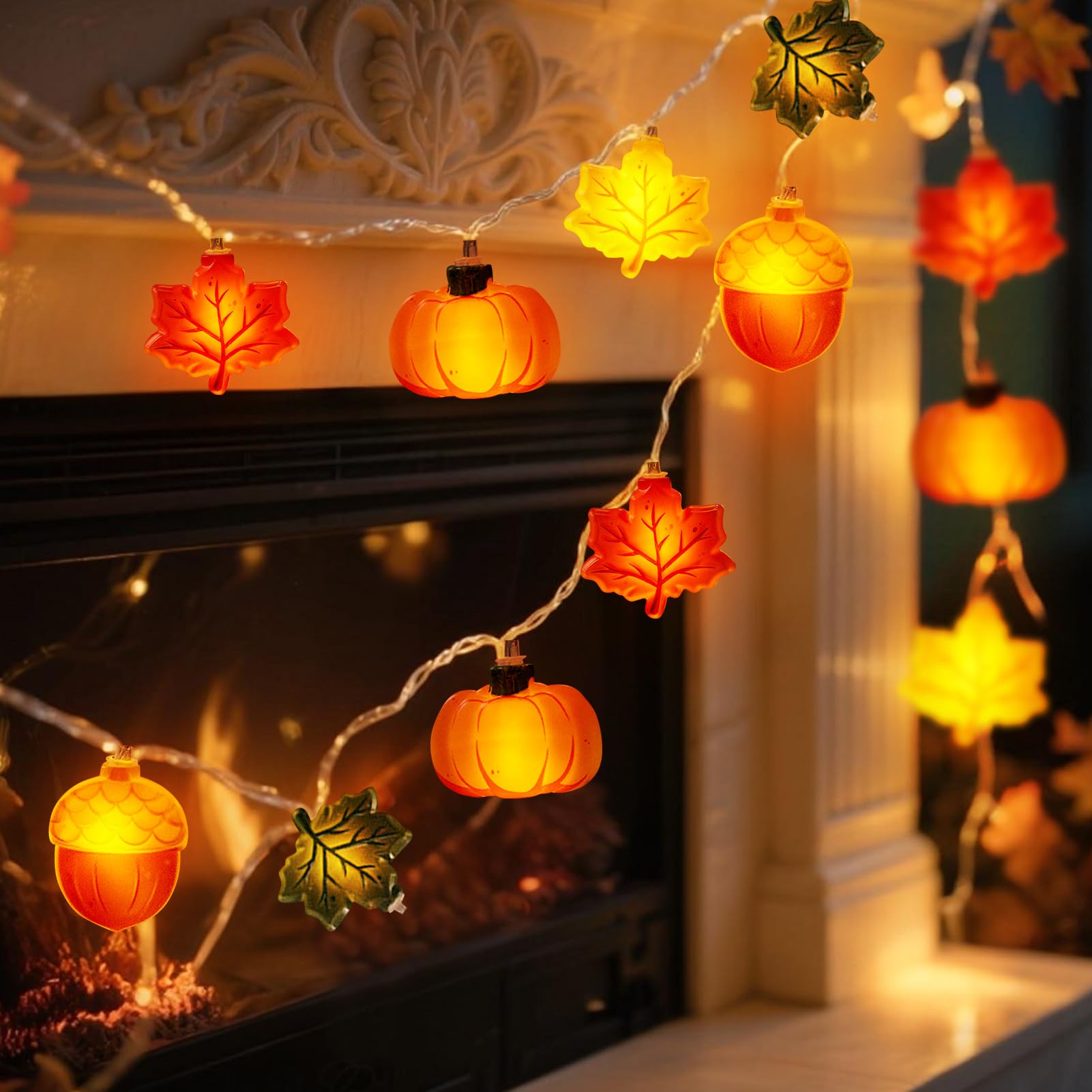 Mimorou 106-teiliges Herbst-Deko-Set – 6 LED-Ahornblatt-Lichterketten (18,3 M), Kürbisse, Tannenzapfen & Blätter Für Thanksgiving & Halloween