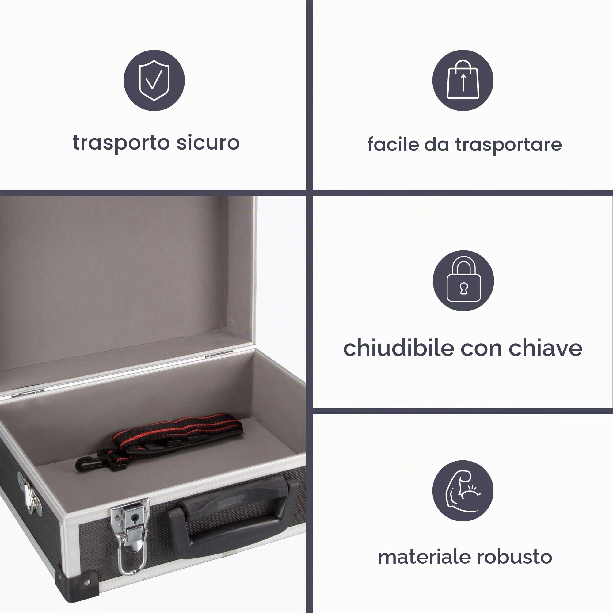 Perel valigetta porta attrezzi in alluminio nero 320 x 230 x 155 mm con serratura a chiave (2 chiavi) e tracolla, valigetta rigida da trasporto per utensili, laptop e fotocamera