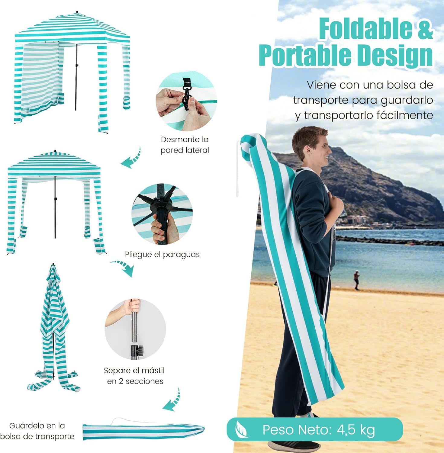 RELAX4LIFE Tienda de Campaña para Playa Plegable 183x183 cm con Altura Ajstable 215-240cm, Toldo con Bolsa, Pared Lateral Desmontable, 8 Bolsas de Arena y Tienda Portátil para Playa/Camping (Turquesa)
