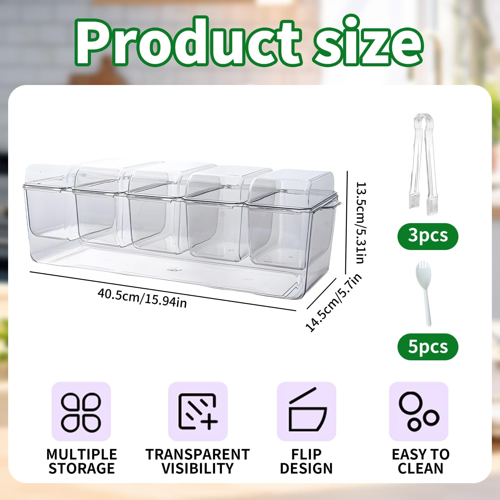 DYUEE Bac à condiments glacé avec 5 récipients, plateau transparent réutilisable avec couvercle avec 5 compartiments amovibles, 5 fourchettes et 3 clips, pour bol de service à glace, fruits, collation