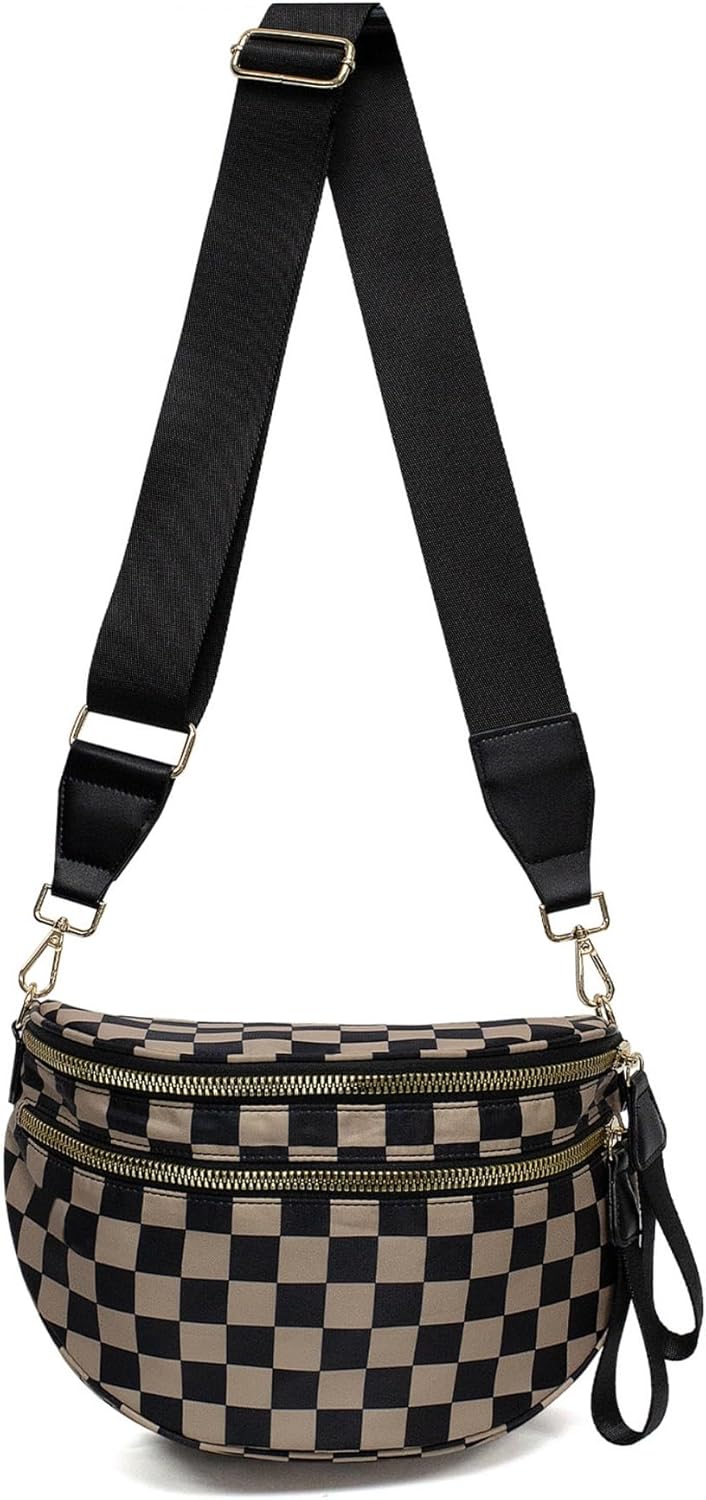 Checkered Crossbody Bag Large Nylon Bum Bag for women Fanny Pack Sling Bag Belt wallet with Adjustable Strap