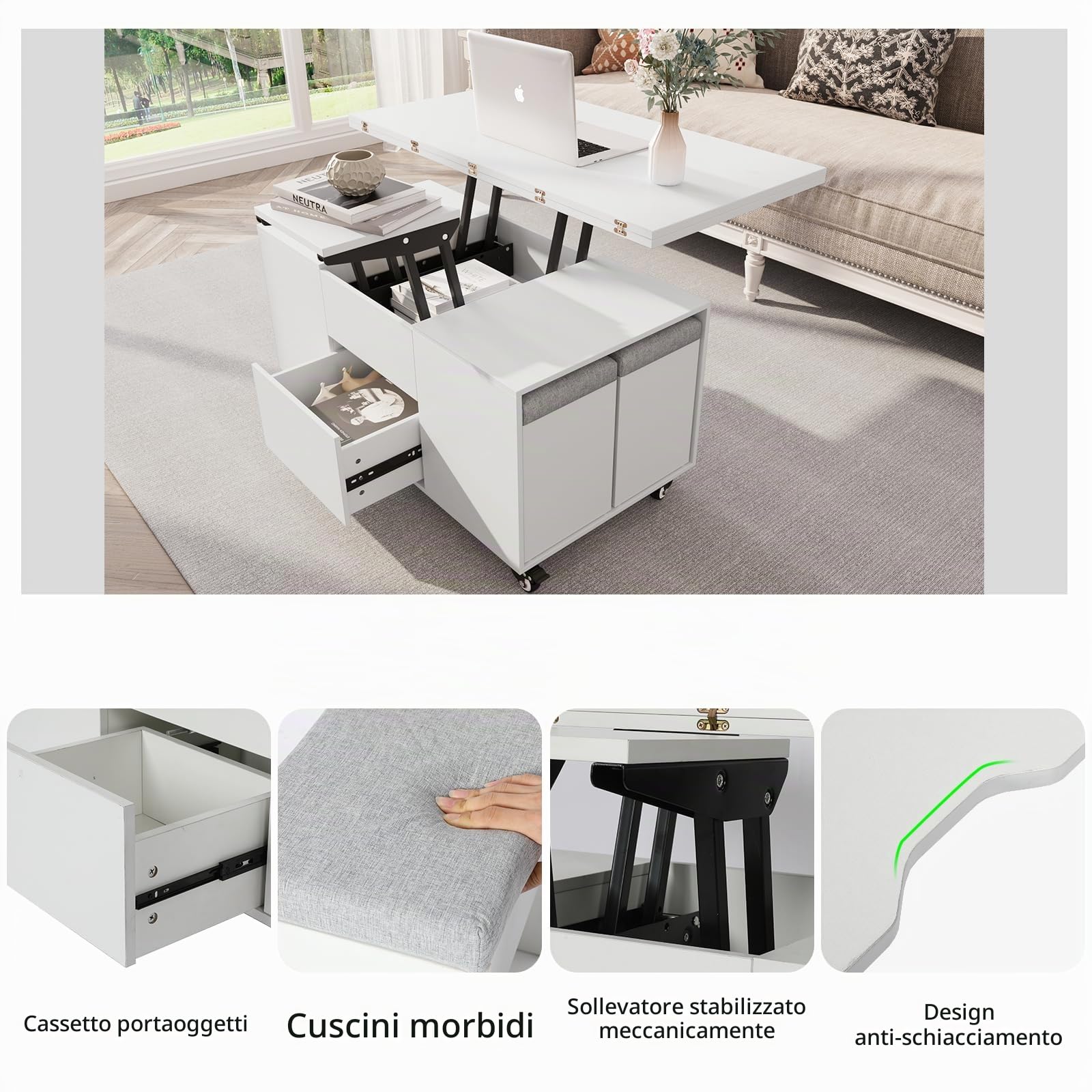 VOWNER Tavolino da Salotto Regolabile in Altezza, Tavolo da Salotto Multifunzionale 4 in 1 con 4 sgabelli, Tavolino da Salotto Convertibile in Tavolo da Pranzo da Salotto, Bianco, 108 x 106 x 68 cm